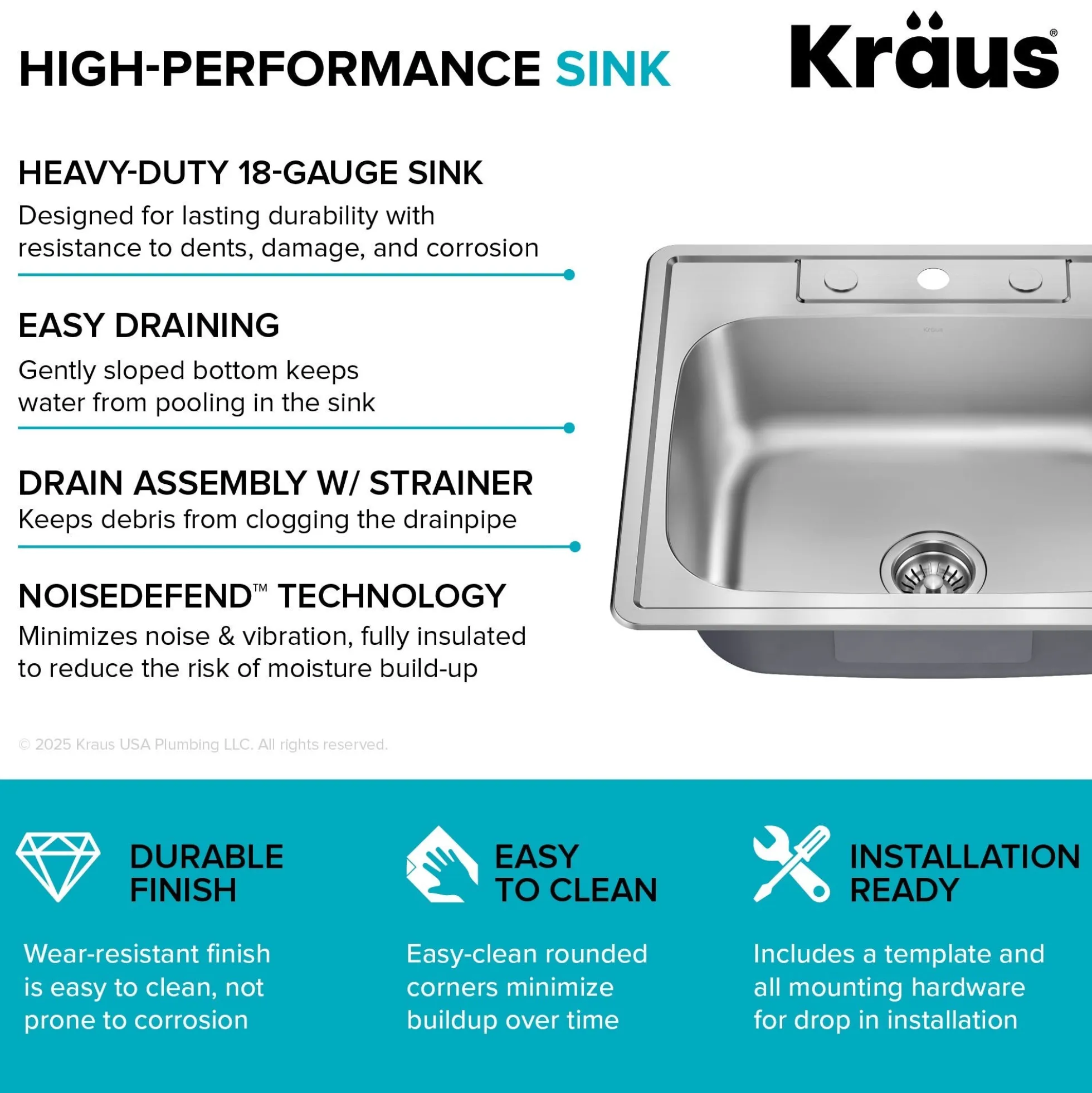 25” Drop In / Top Mount Single Bowl 18-Gauge Stainless Steel Kitchen Sink