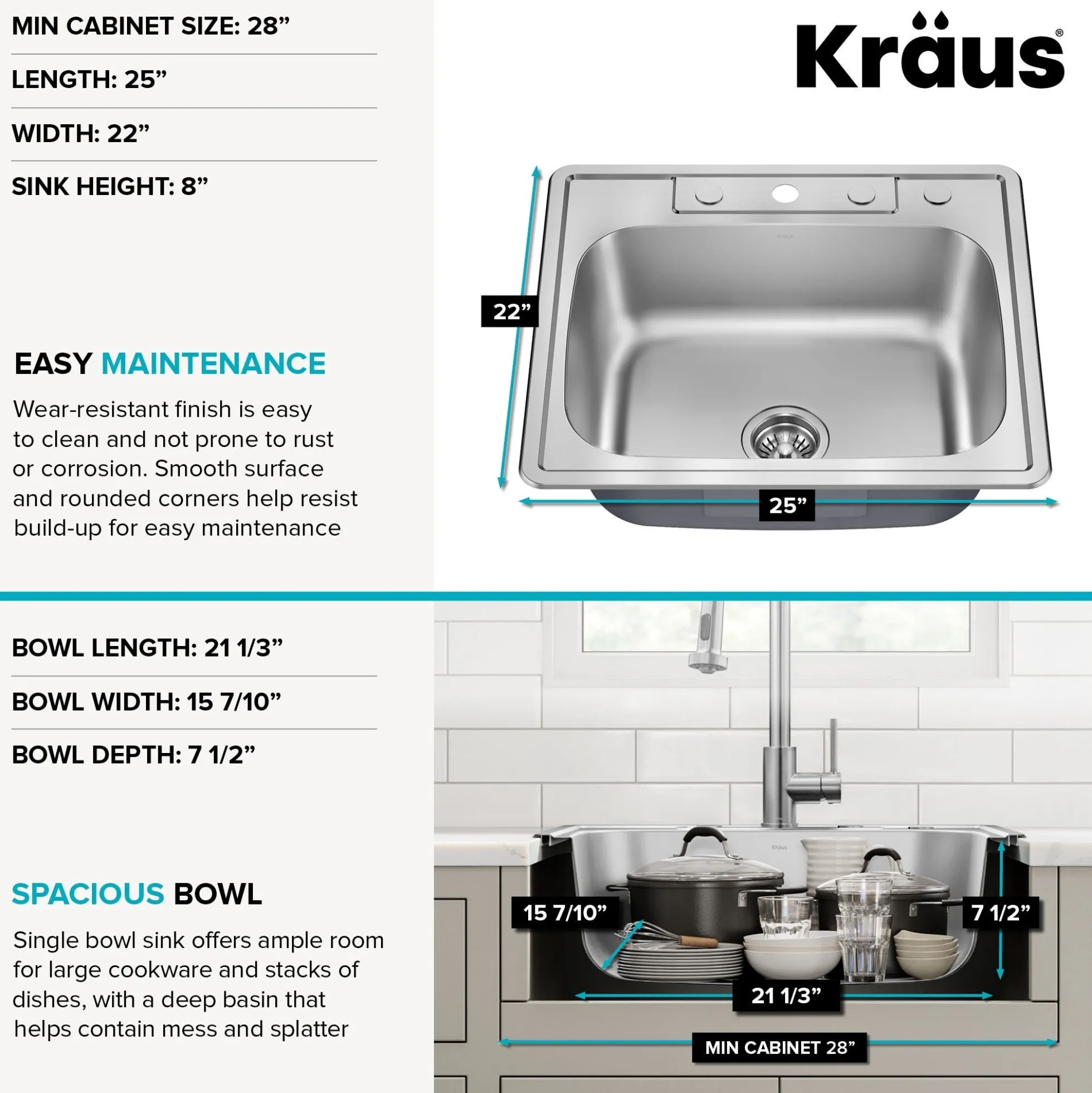 25” Drop In / Top Mount Single Bowl 18-Gauge Stainless Steel Kitchen Sink