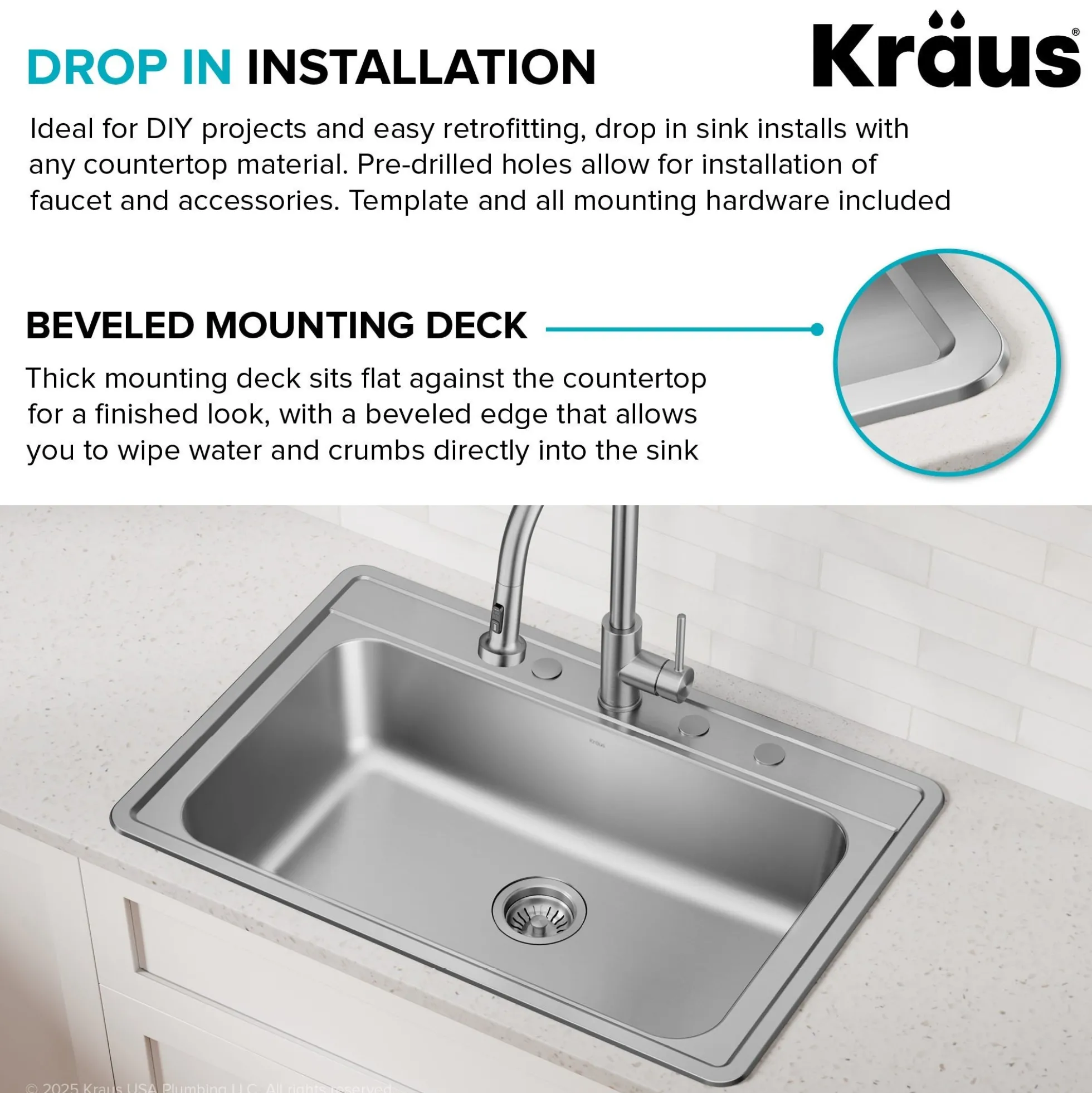 33” Drop In / Top Mount Single Bowl 18-Gauge Stainless Steel Kitchen Sink