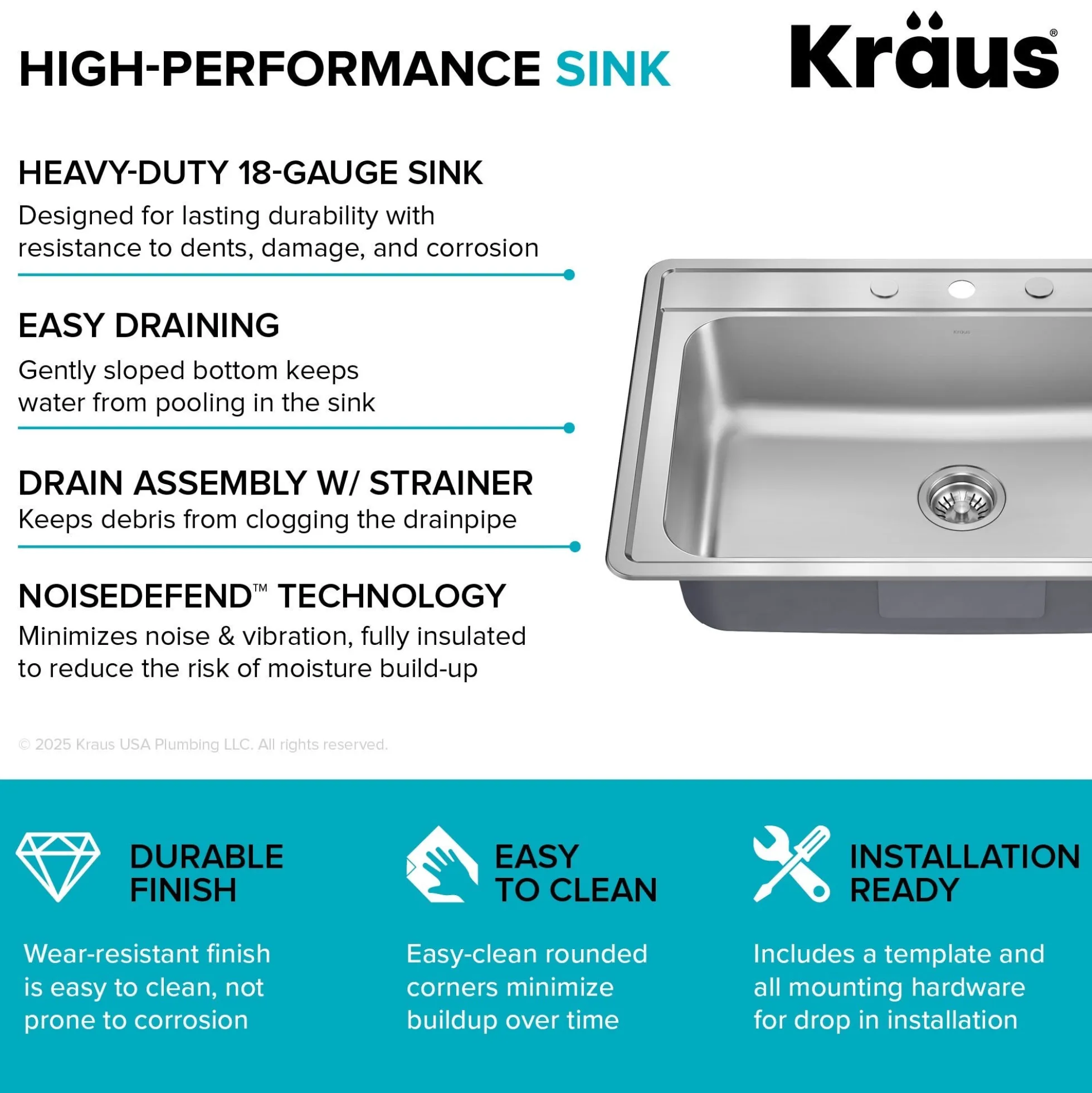 33” Drop In / Top Mount Single Bowl 18-Gauge Stainless Steel Kitchen Sink