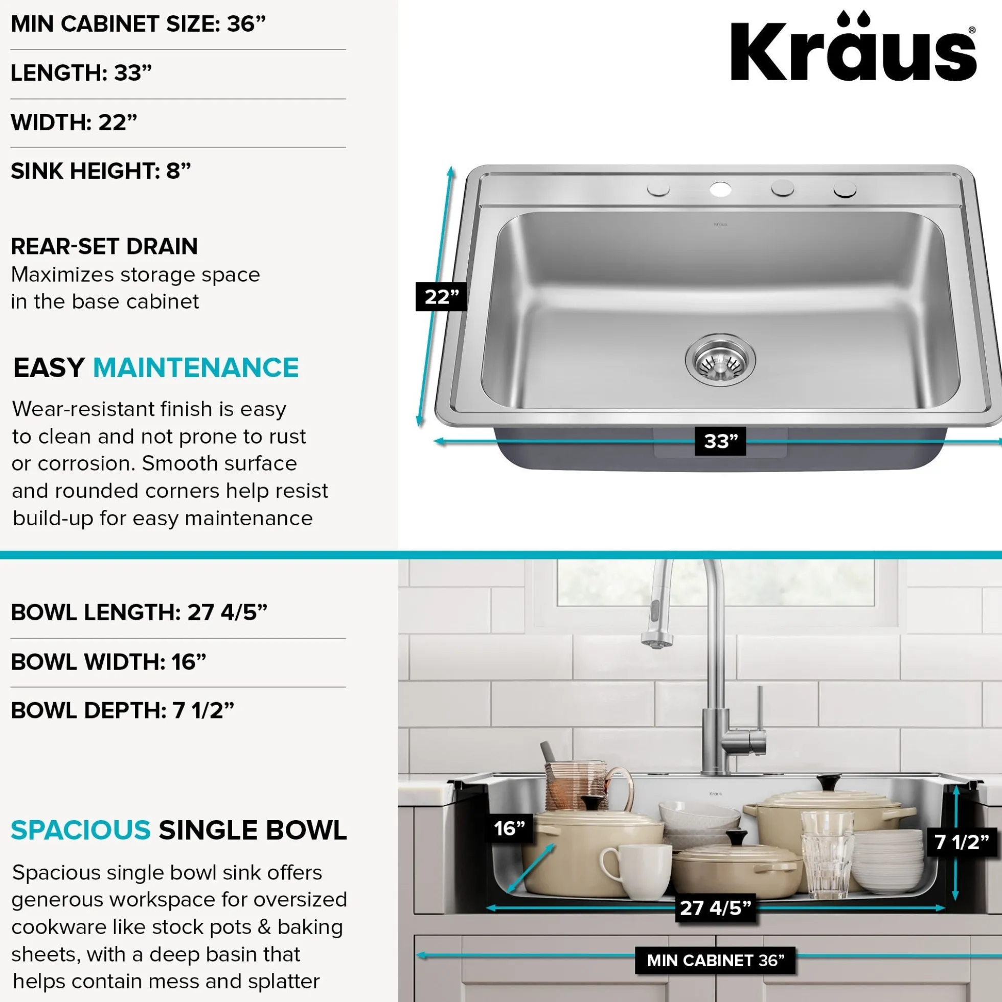 33” Drop In / Top Mount Single Bowl 18-Gauge Stainless Steel Kitchen Sink