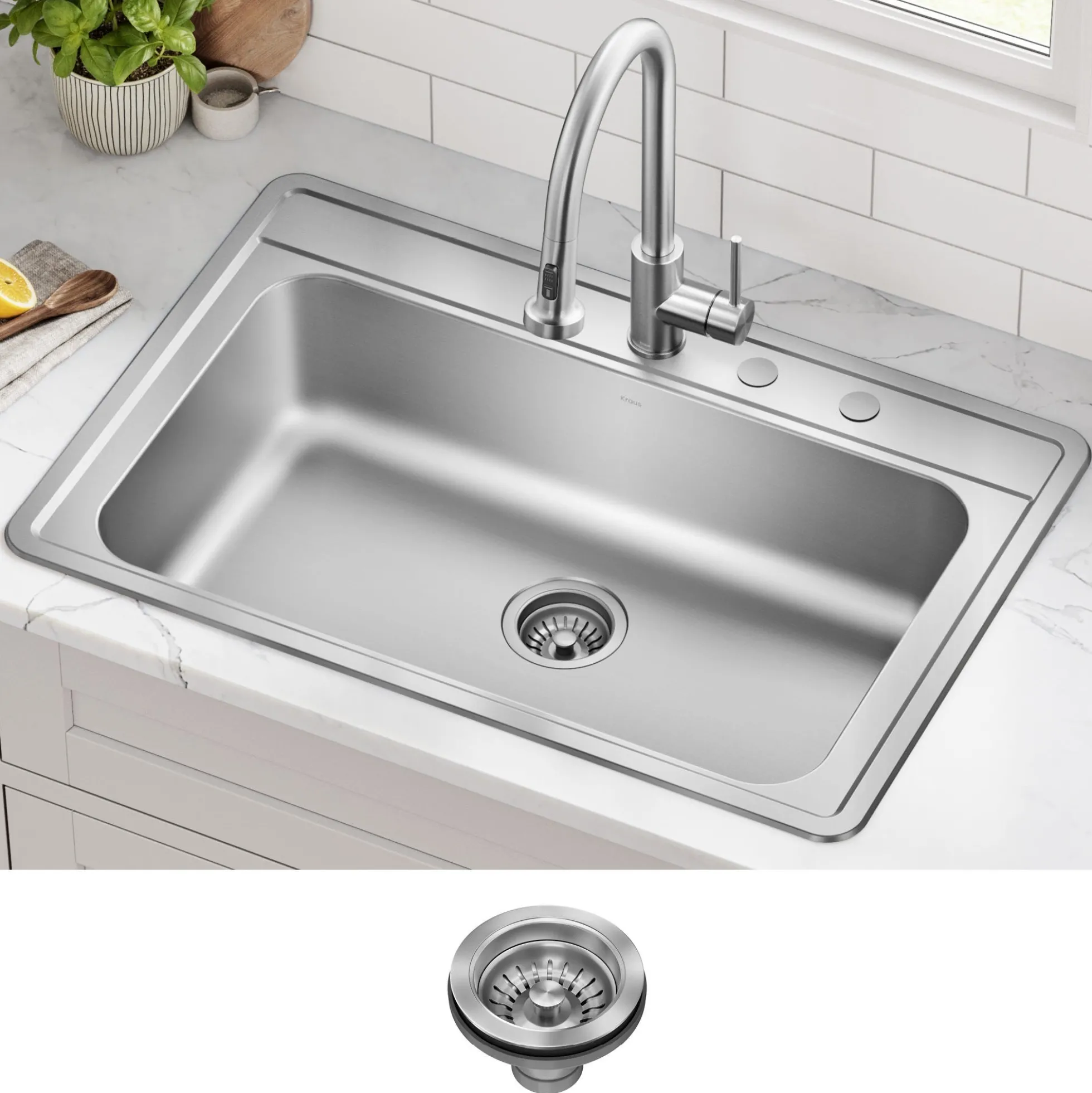 33” Drop In / Top Mount Single Bowl 18-Gauge Stainless Steel Kitchen Sink