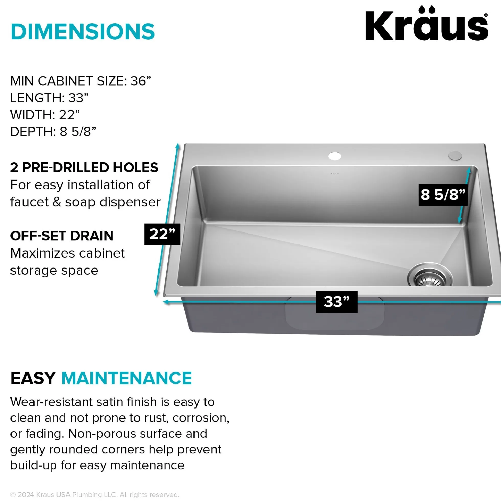 33” Drop In / Top Mount Single Bowl 18-Gauge Stainless Steel Kitchen Sink