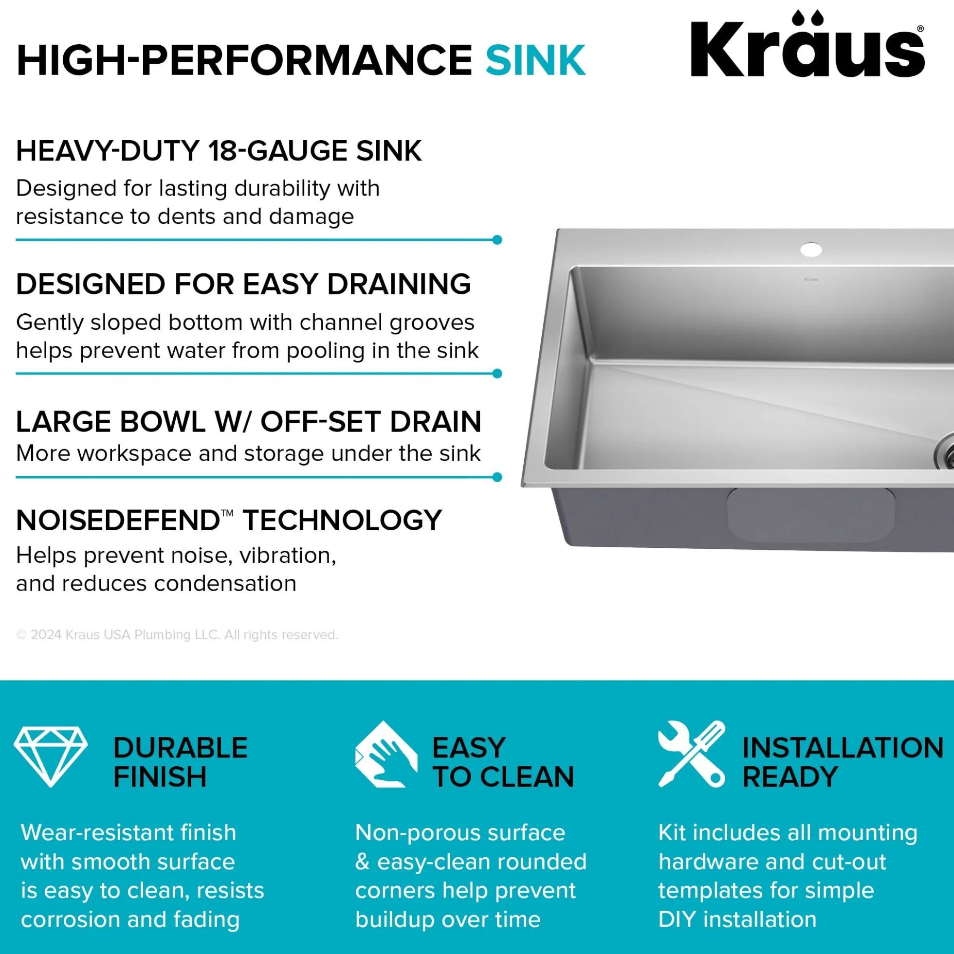 33” Drop In / Top Mount Single Bowl 18-Gauge Stainless Steel Kitchen Sink