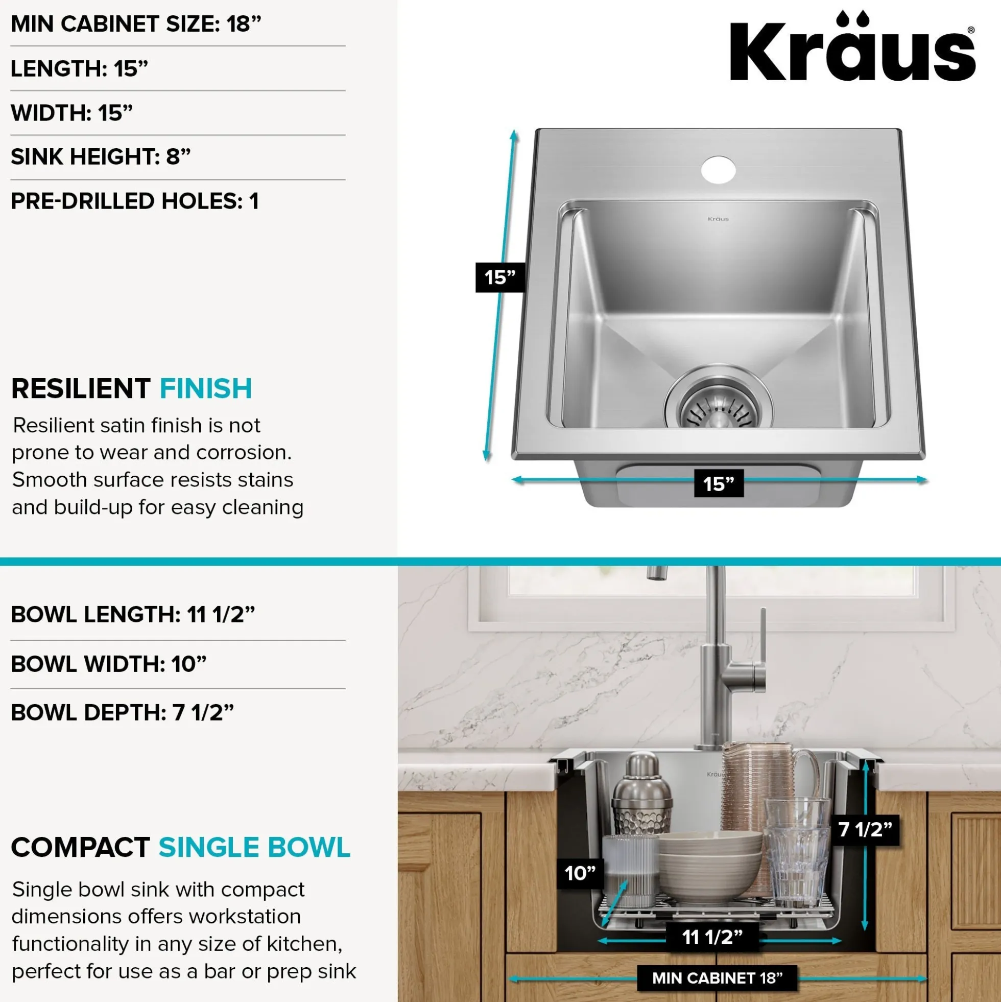 15”Drop In / Top Mount Workstation Single Bowl 18-GaugeStainless SteelBarKitchen Sinkwith Accessories