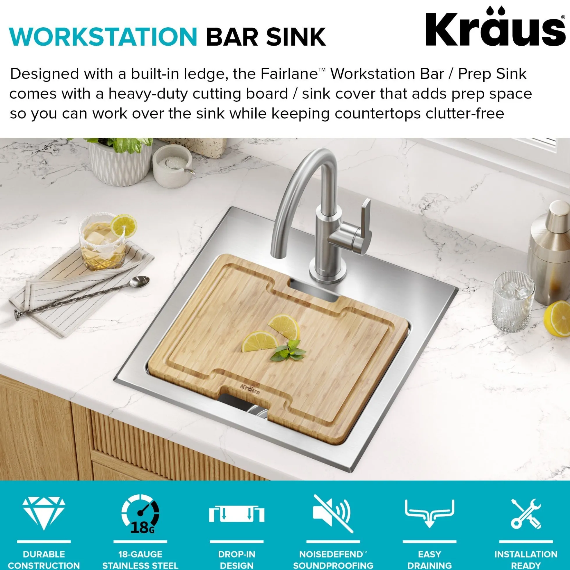 15”Drop In / Top Mount Workstation Single Bowl 18-GaugeStainless SteelBarKitchen Sinkwith Accessories