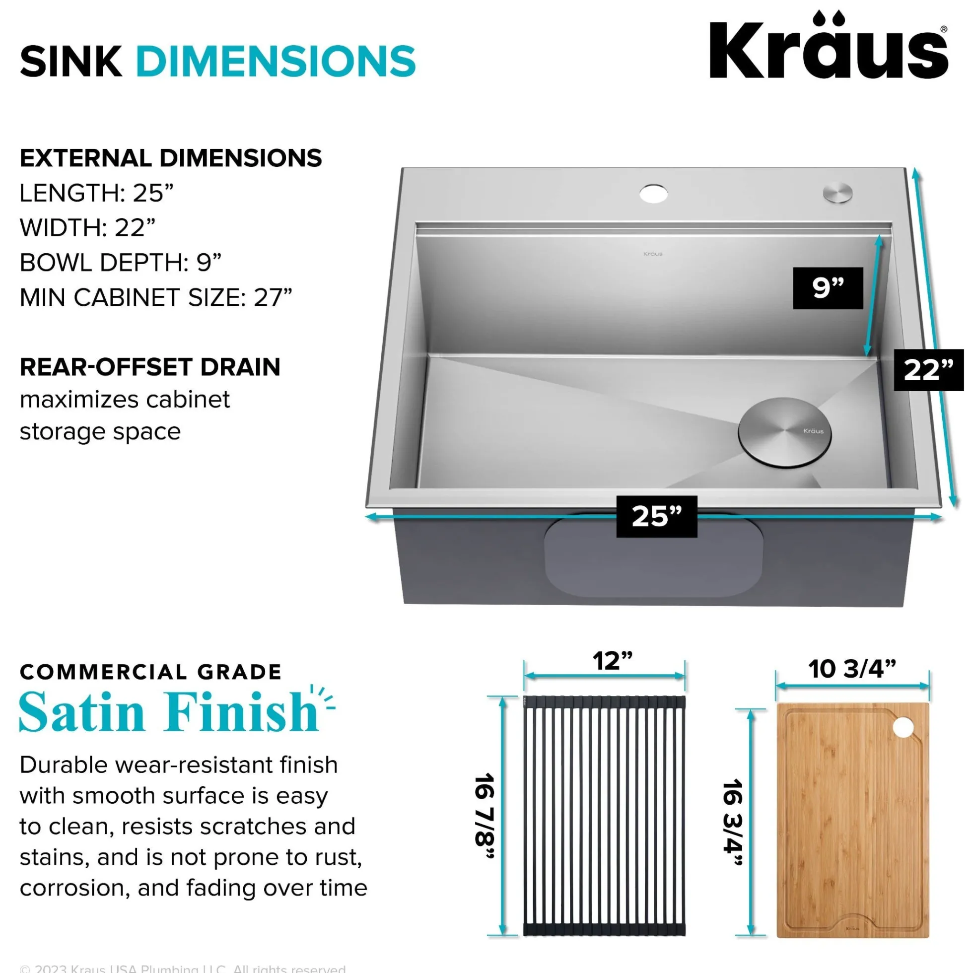 25" Drop In / Top Mount Workstation 16 Gauge Single Bowl Stainless Steel Kitchen Sink with Accessories