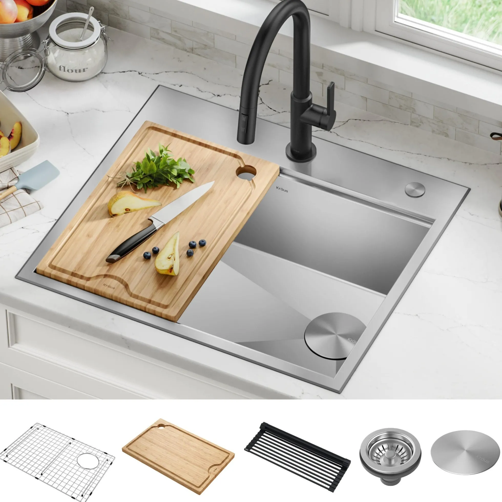 25" Drop In / Top Mount Workstation 16 Gauge Single Bowl Stainless Steel Kitchen Sink with Accessories