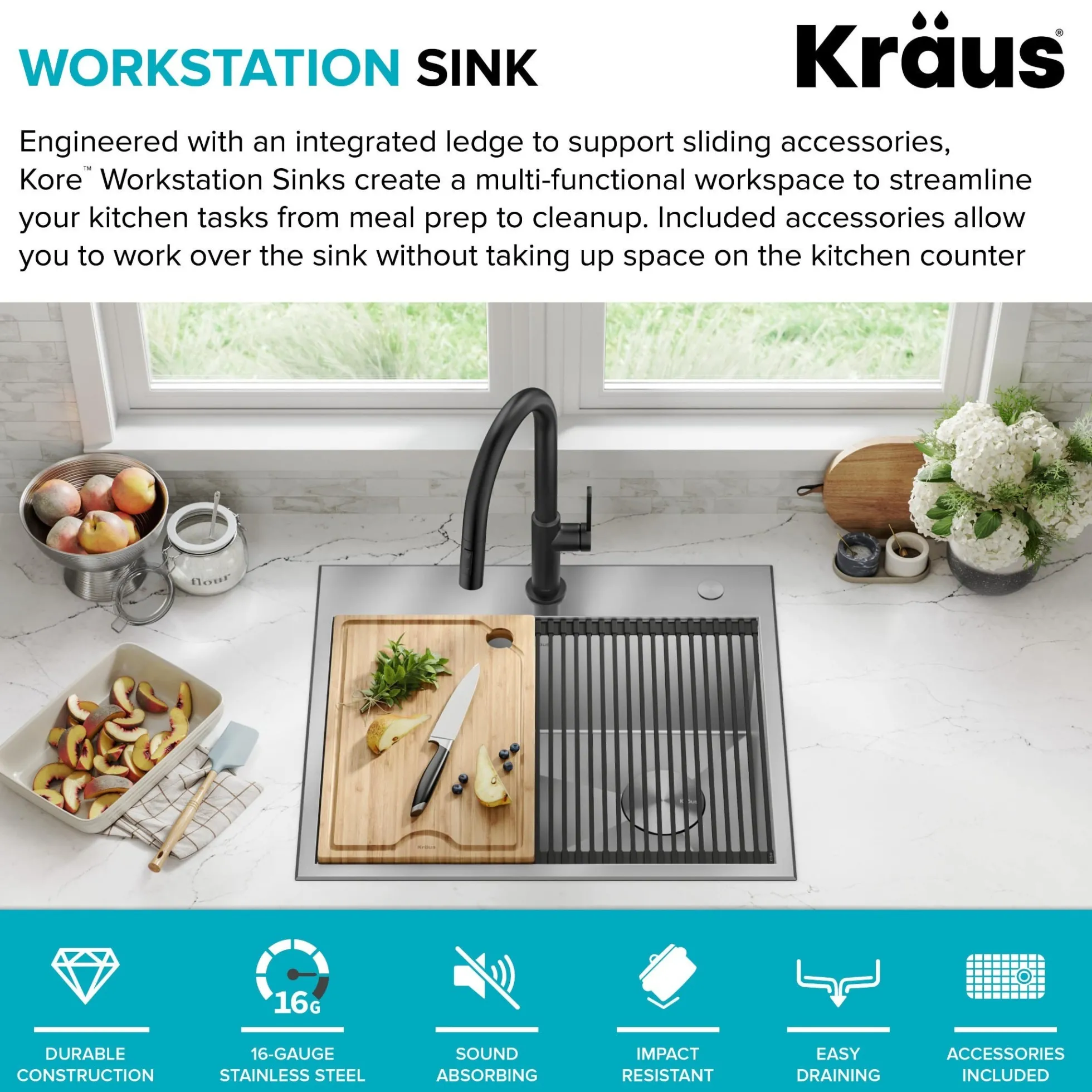 25" Drop In / Top Mount Workstation 16 Gauge Single Bowl Stainless Steel Kitchen Sink with Accessories
