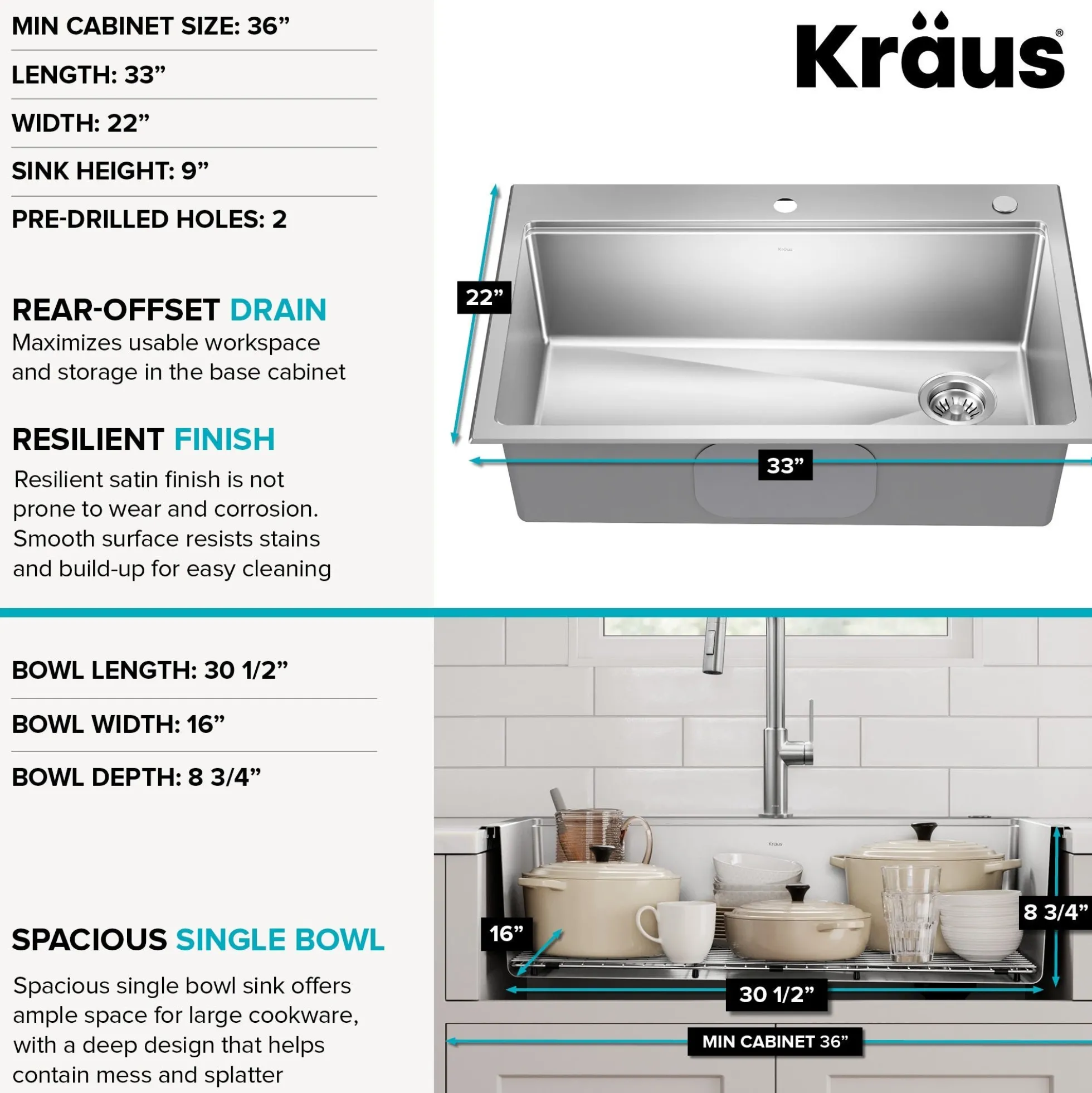 33” Drop In / Top MountWorkstationSingle Bowl18-GaugeStainless SteelKitchen Sinkwith Accessories