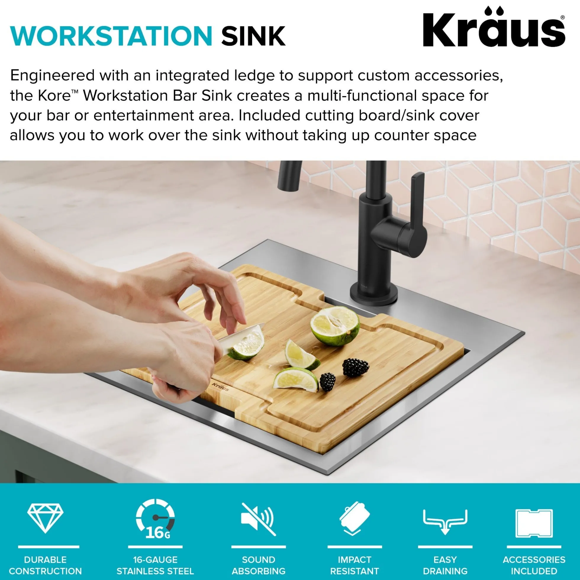 15" Drop In / Top Mount Workstation 16 Gauge Single Bowl Stainless Steel Bar Kitchen Sink with Accessories