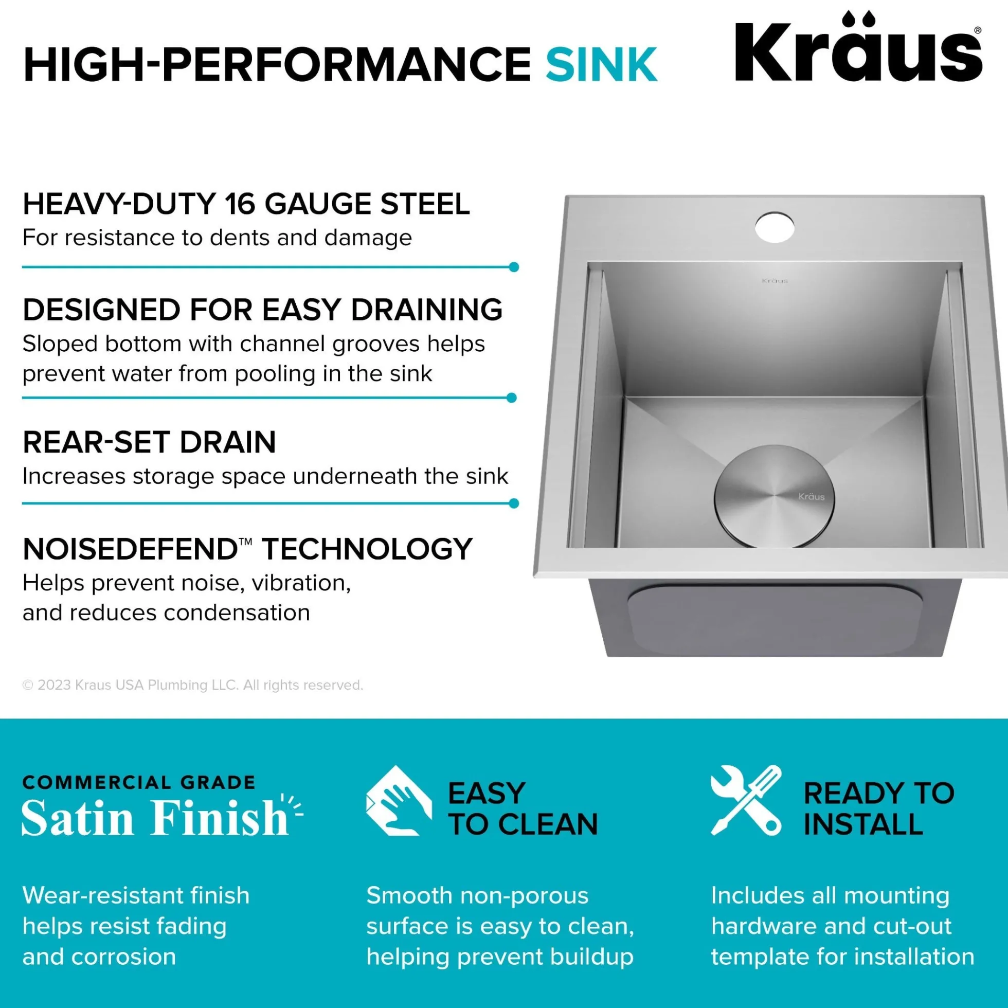 15" Drop In / Top Mount Workstation 16 Gauge Single Bowl Stainless Steel Bar Kitchen Sink with Accessories
