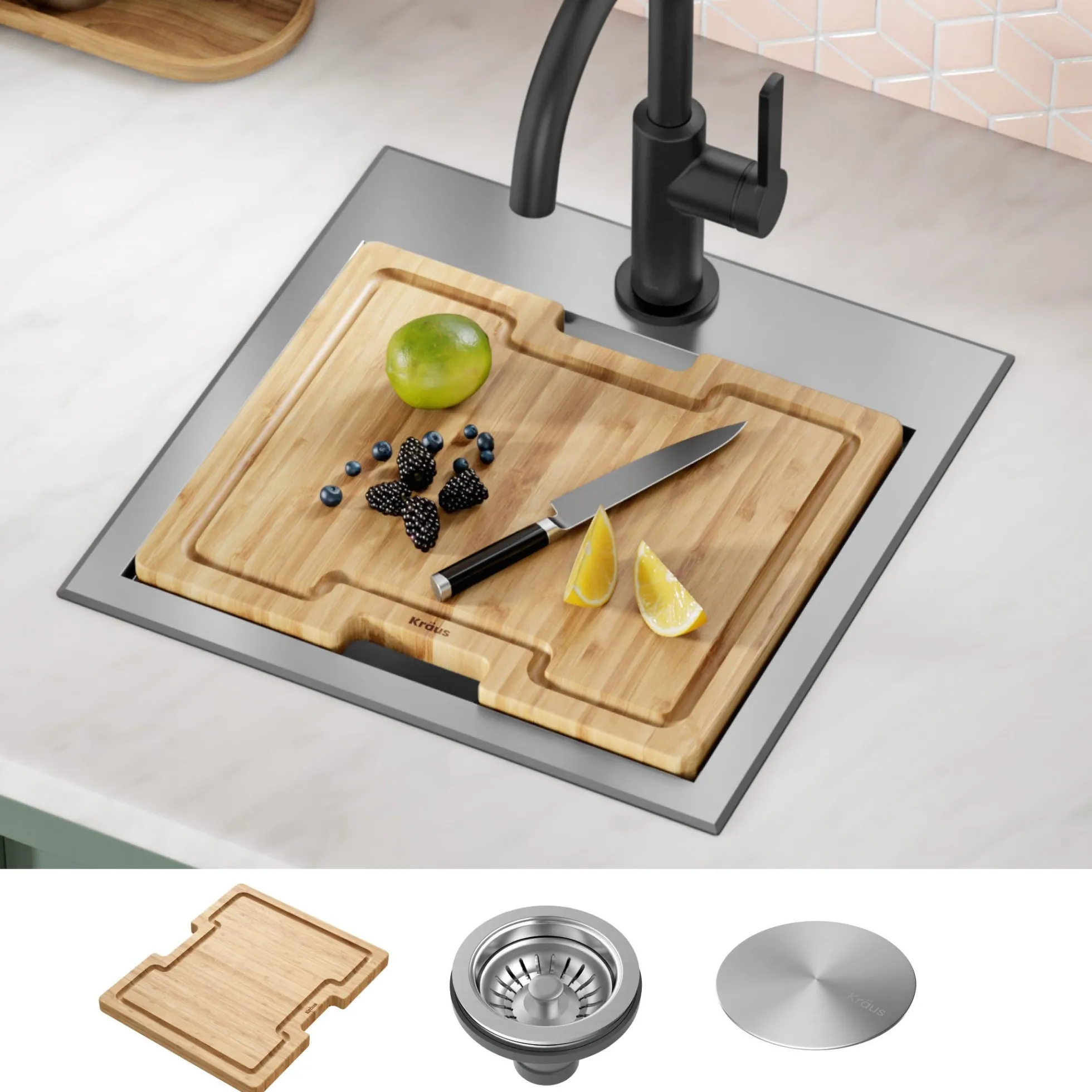 15" Drop In / Top Mount Workstation 16 Gauge Single Bowl Stainless Steel Bar Kitchen Sink with Accessories