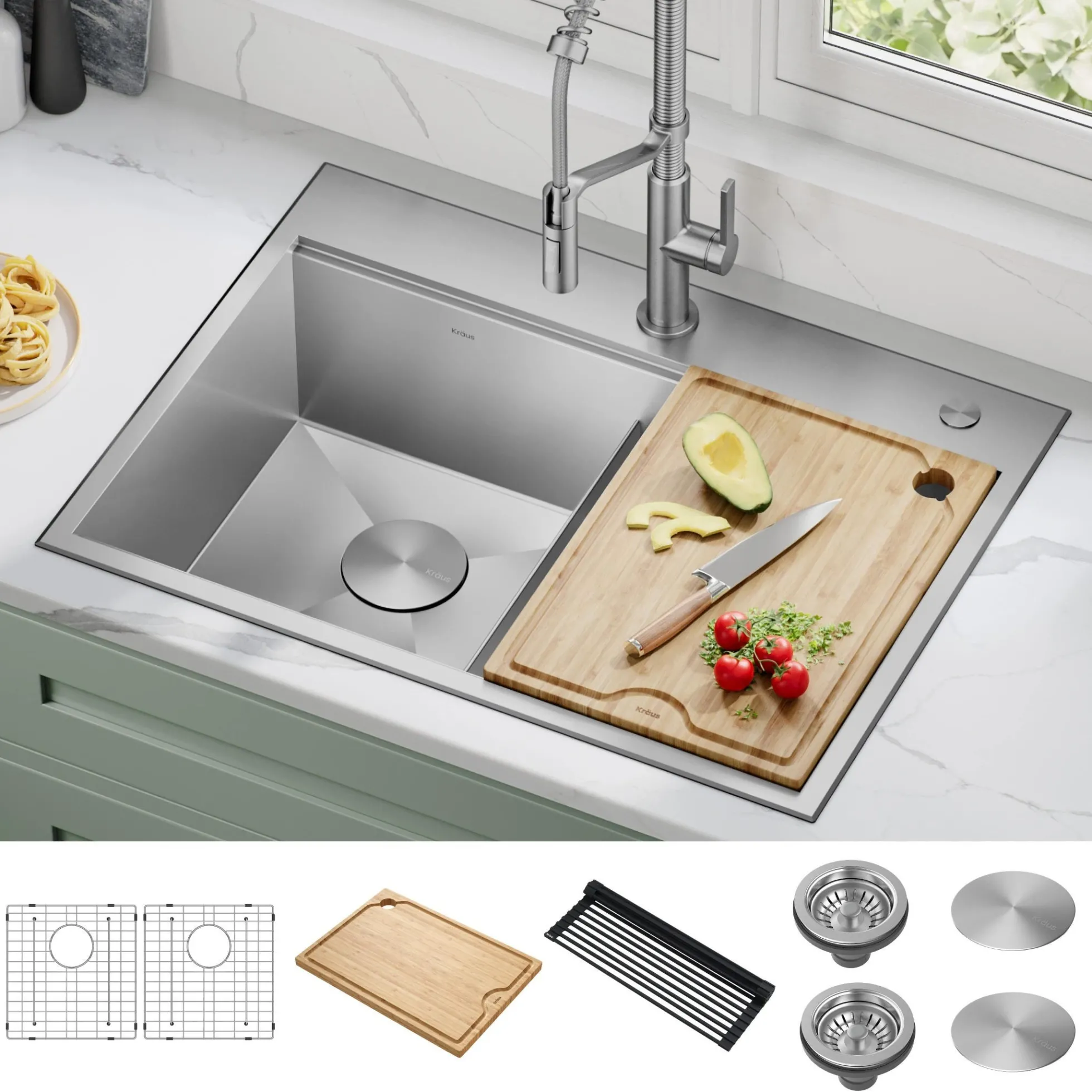 30" Drop In / Top Mount Workstation 16 Gauge 50/50 Double Bowl Stainless Steel Kitchen Sink with Accessories