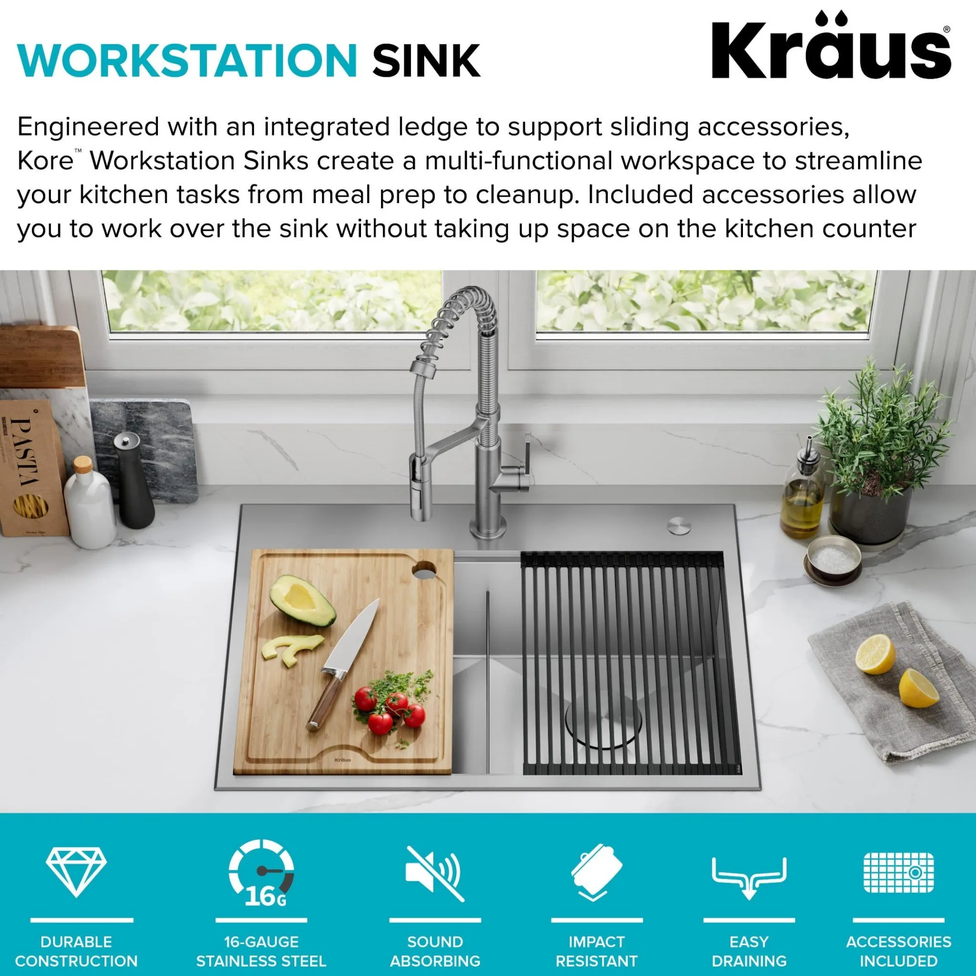 30" Drop In / Top Mount Workstation 16 Gauge 50/50 Double Bowl Stainless Steel Kitchen Sink with Accessories