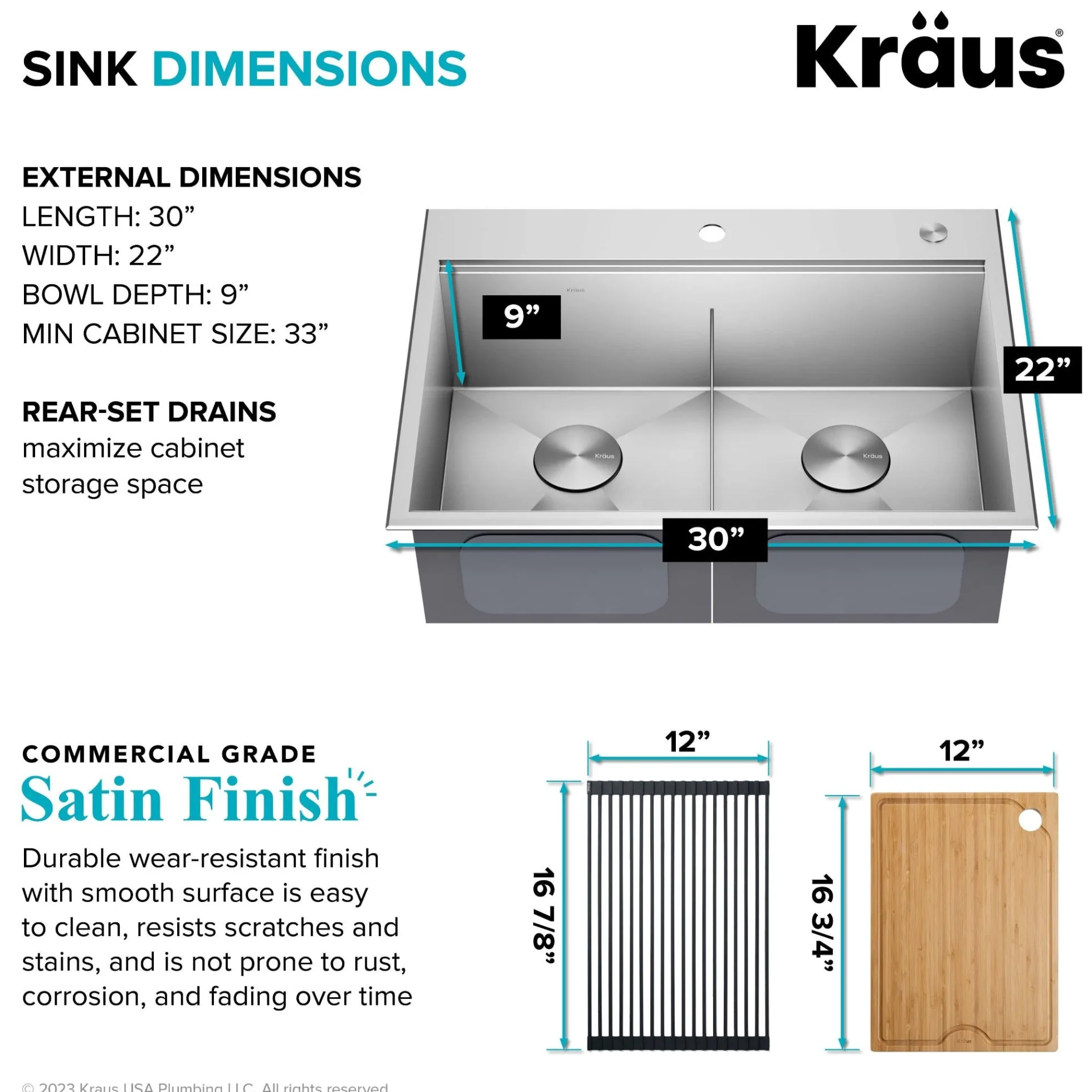 30" Drop In / Top Mount Workstation 16 Gauge 50/50 Double Bowl Stainless Steel Kitchen Sink with Accessories