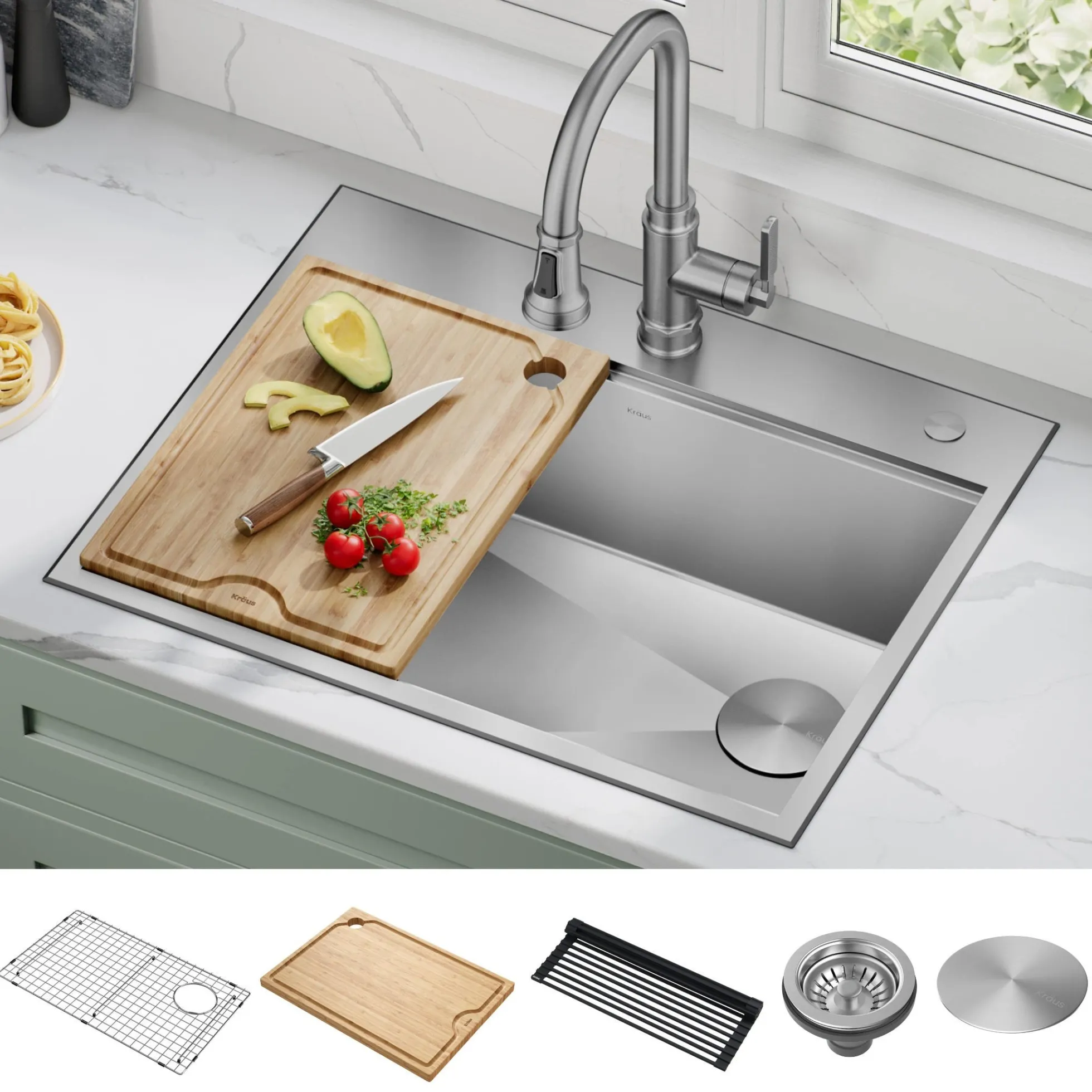 28" Drop In / Top Mount Workstation 16 Gauge Single Bowl Stainless Steel Kitchen Sink with Accessories