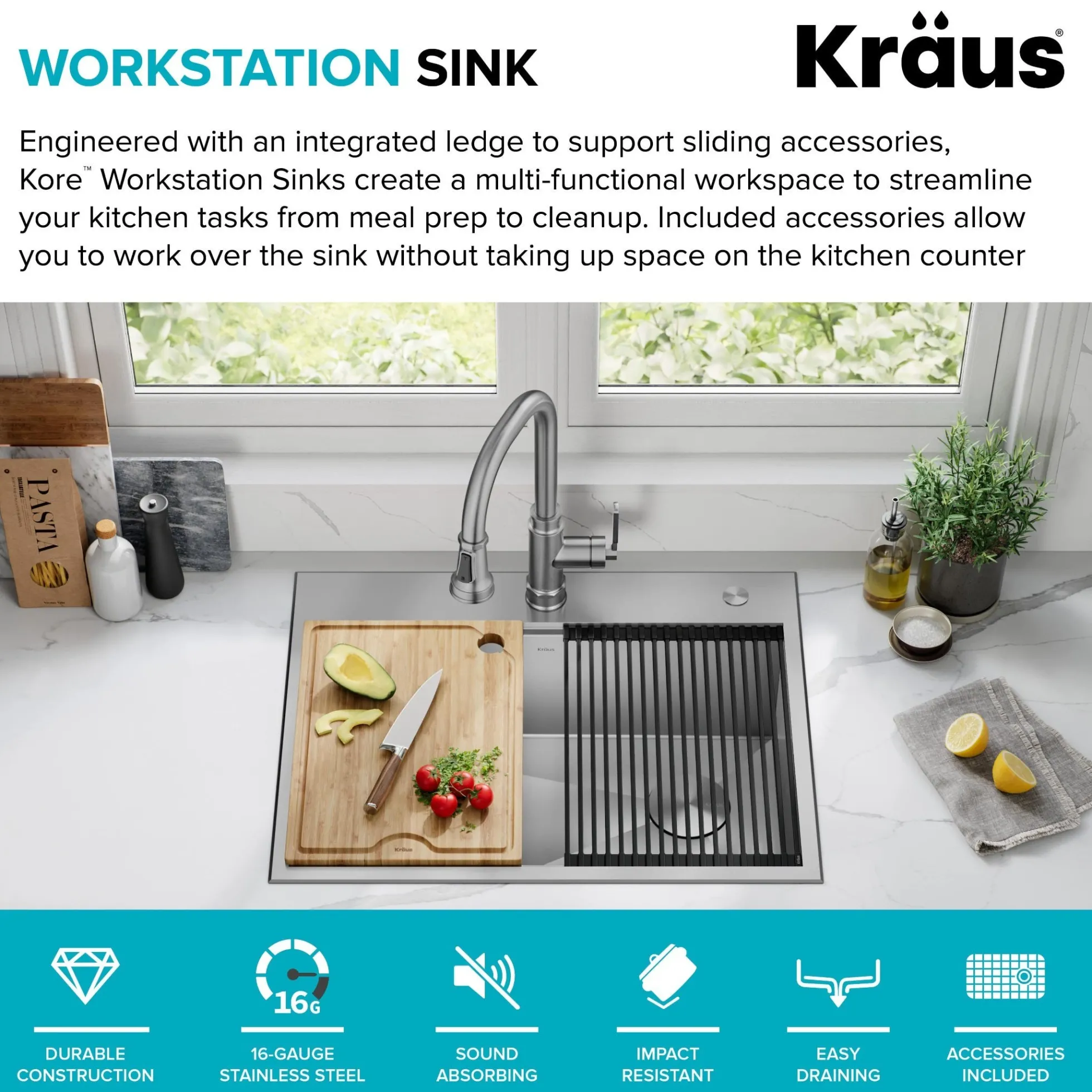 28" Drop In / Top Mount Workstation 16 Gauge Single Bowl Stainless Steel Kitchen Sink with Accessories