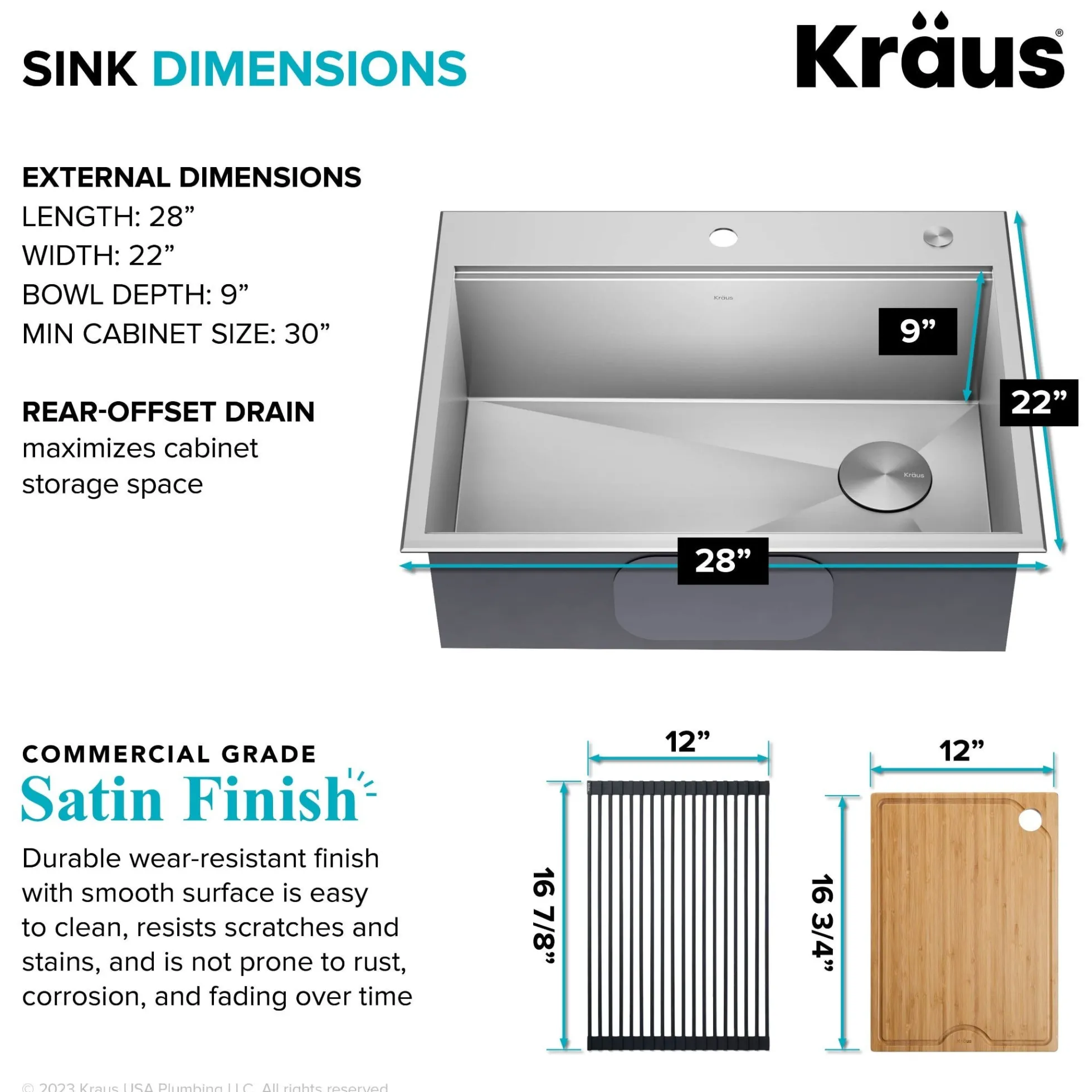 28" Drop In / Top Mount Workstation 16 Gauge Single Bowl Stainless Steel Kitchen Sink with Accessories