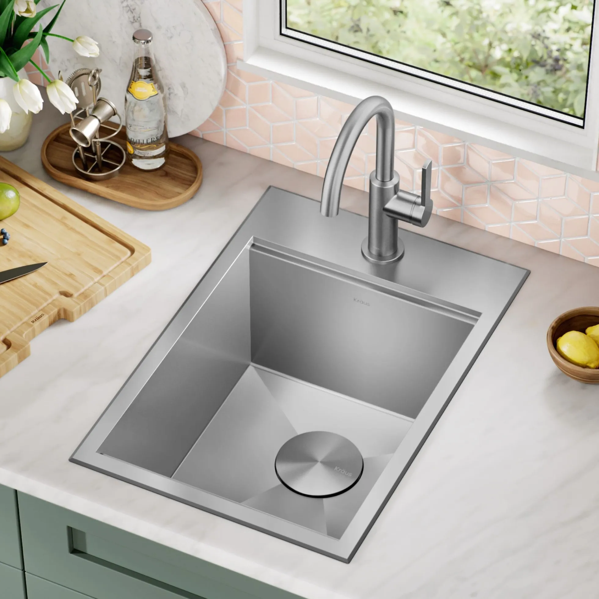 15" Drop In / Top Mount Workstation 16 Gauge Single Bowl Stainless Steel Bar Kitchen Sink with Accessories