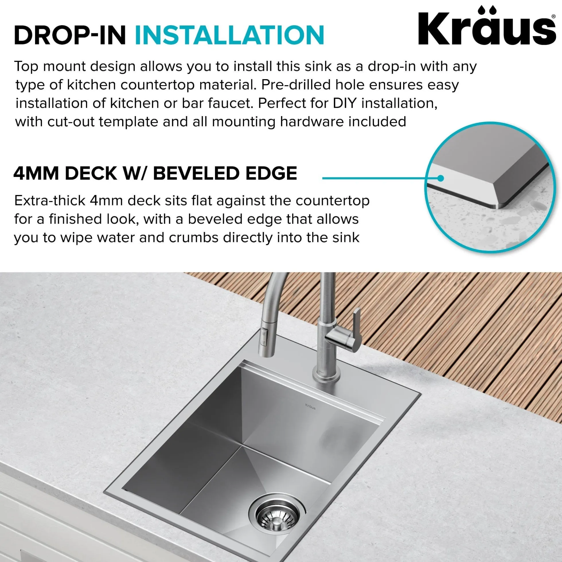 15" Drop In / Top Mount Workstation 16 Gauge Single Bowl Stainless Steel Bar Kitchen Sink with Accessories