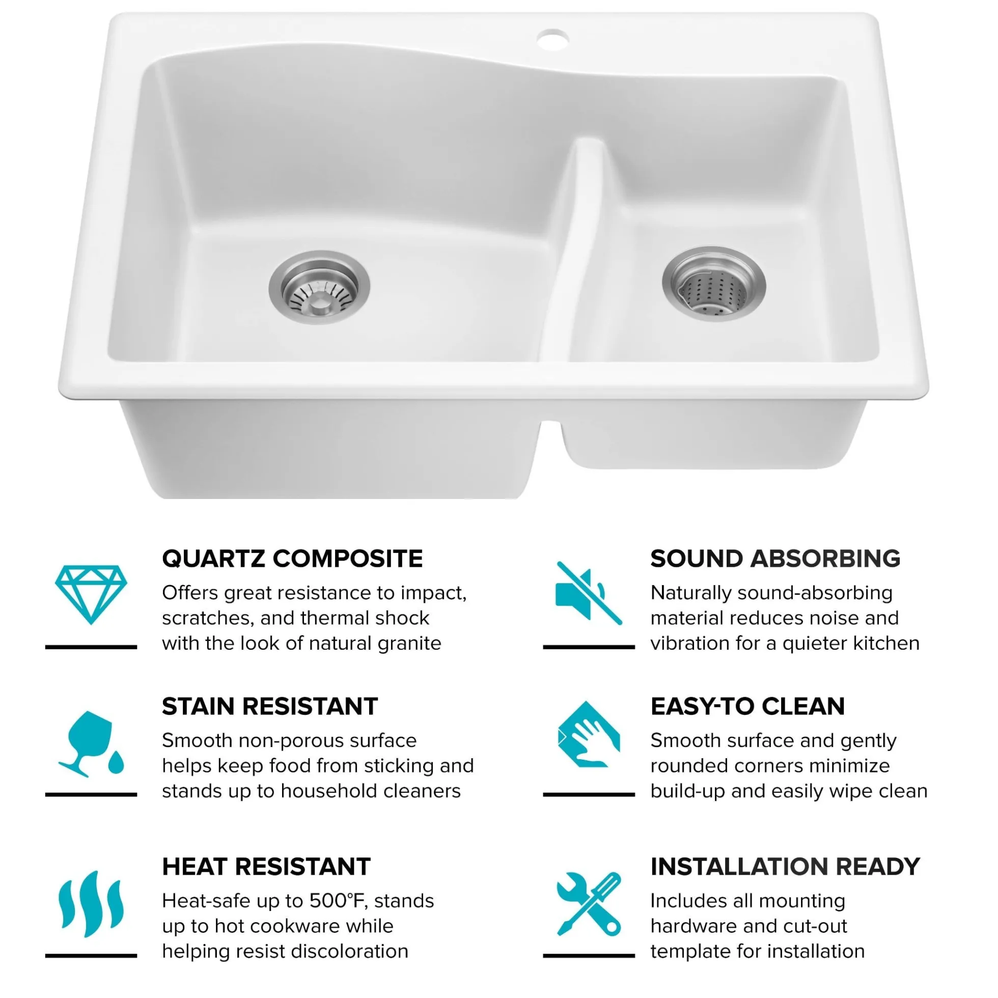 33” Drop-In / Undermount 60/40 Double Bowl Granite Kitchen Sink in White