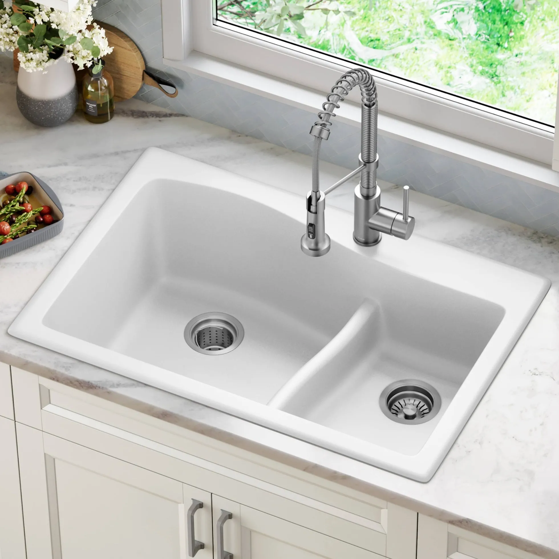 33” Drop-In / Undermount 60/40 Double Bowl Granite Kitchen Sink in White