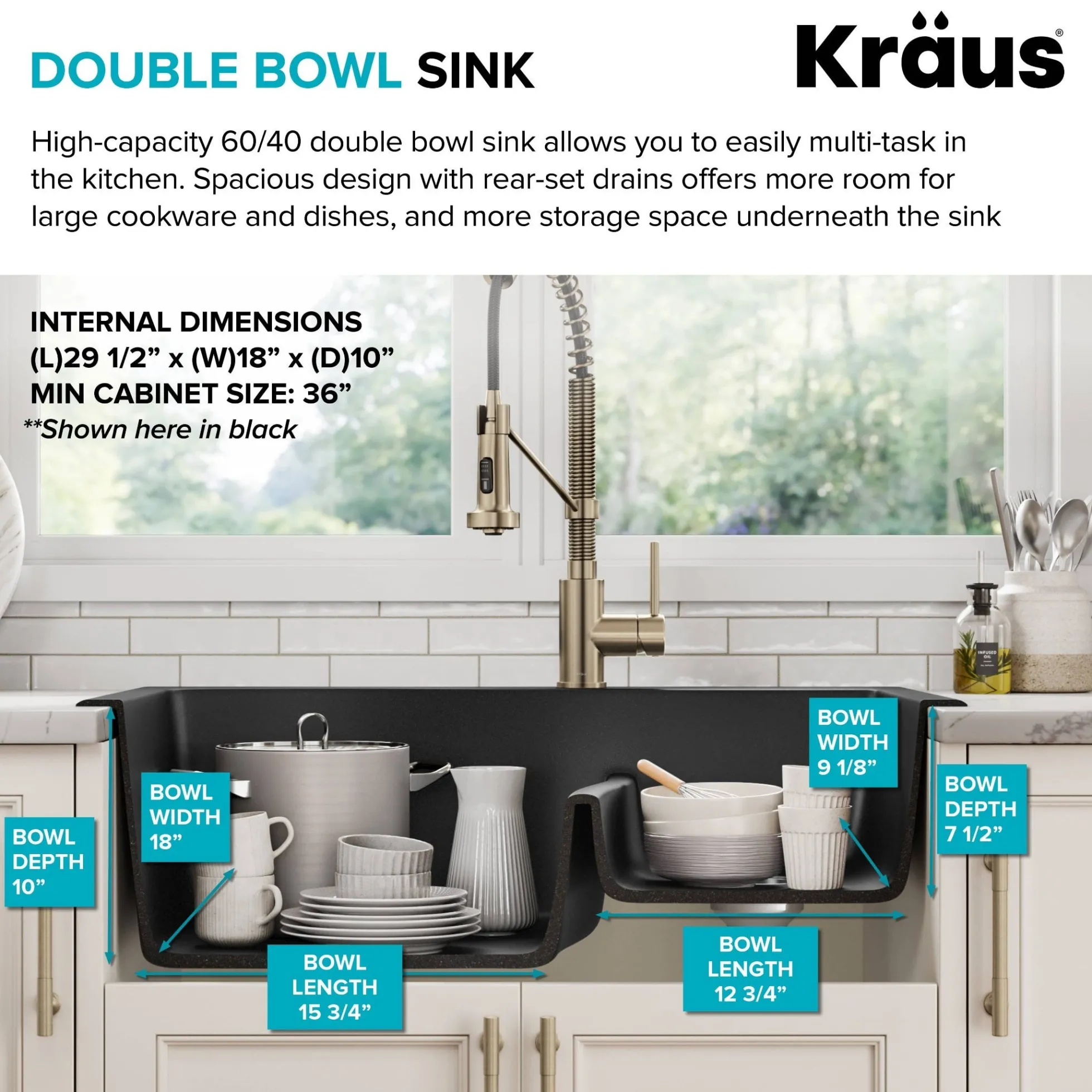 33” Drop-In / Undermount 60/40 Double Bowl Granite Kitchen Sink in White