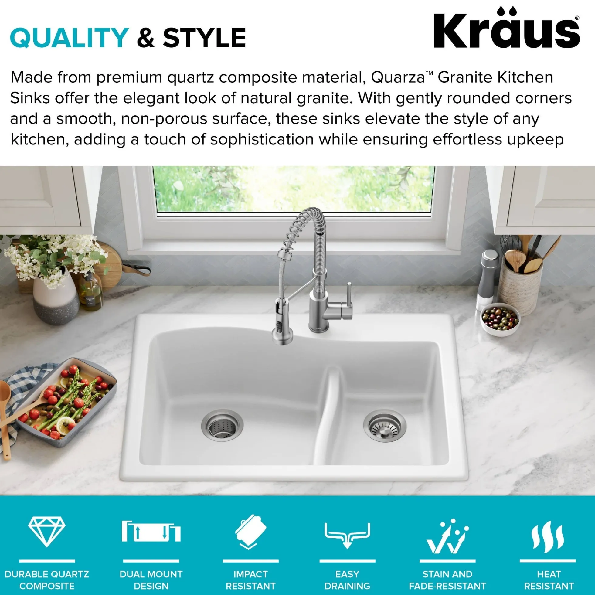 33” Drop-In / Undermount 60/40 Double Bowl Granite Kitchen Sink in White