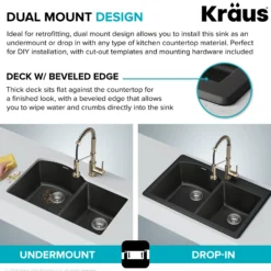 33” Drop In / Undermount 60/40 Double Bowl Granite Kitchen Sink in Black