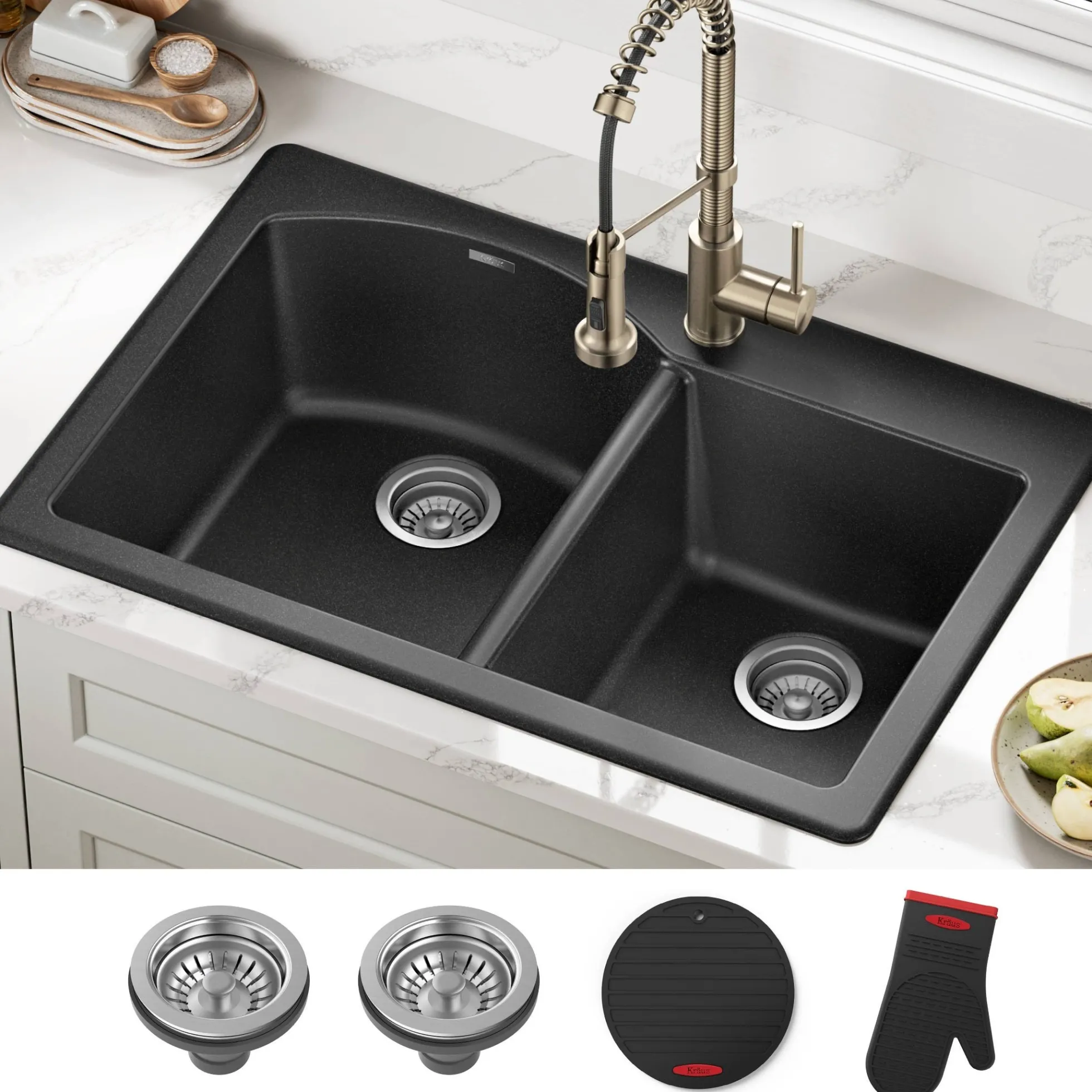 33” Drop In / Undermount 60/40 Double Bowl Granite Kitchen Sink in Black