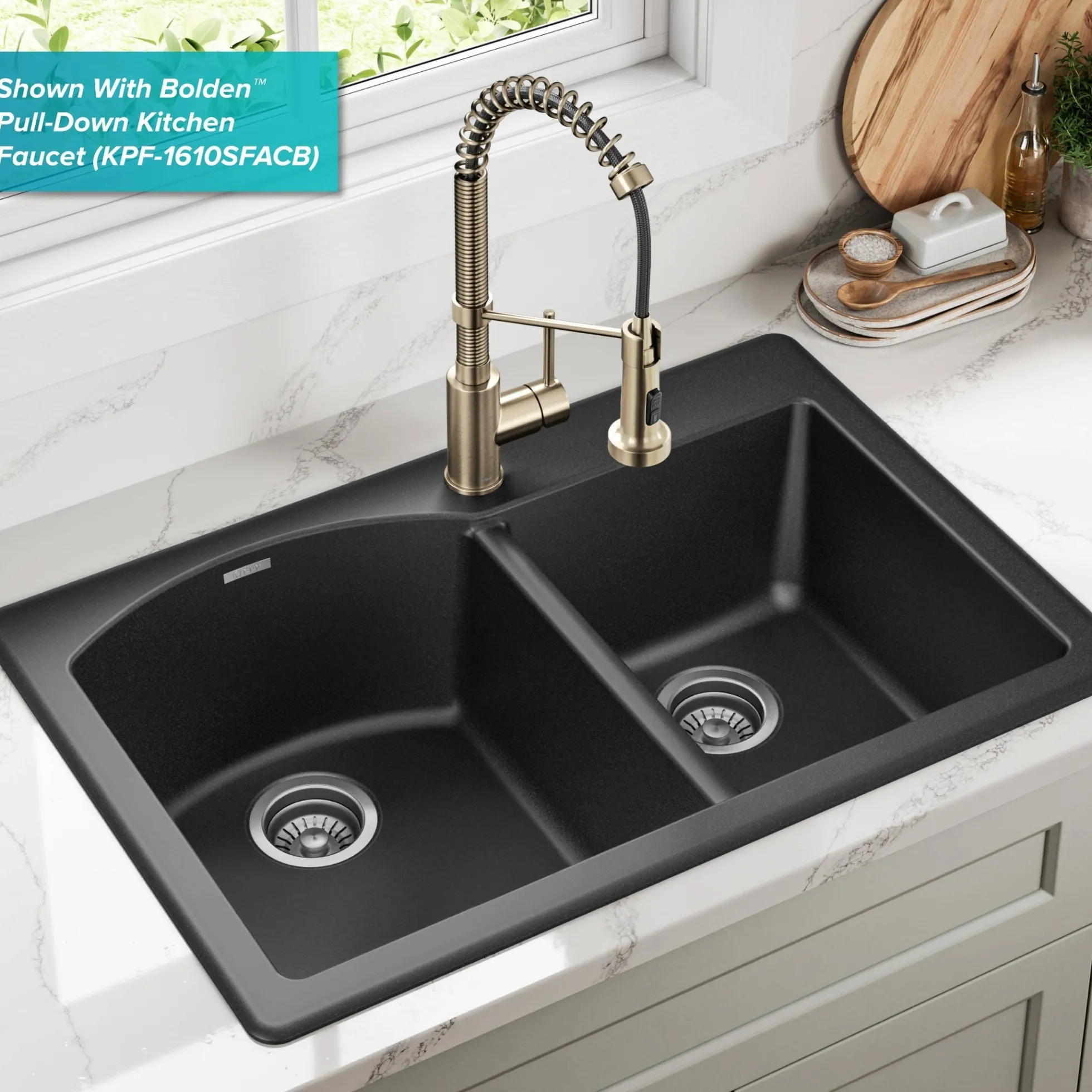 33” Drop In / Undermount 60/40 Double Bowl Granite Kitchen Sink in Black