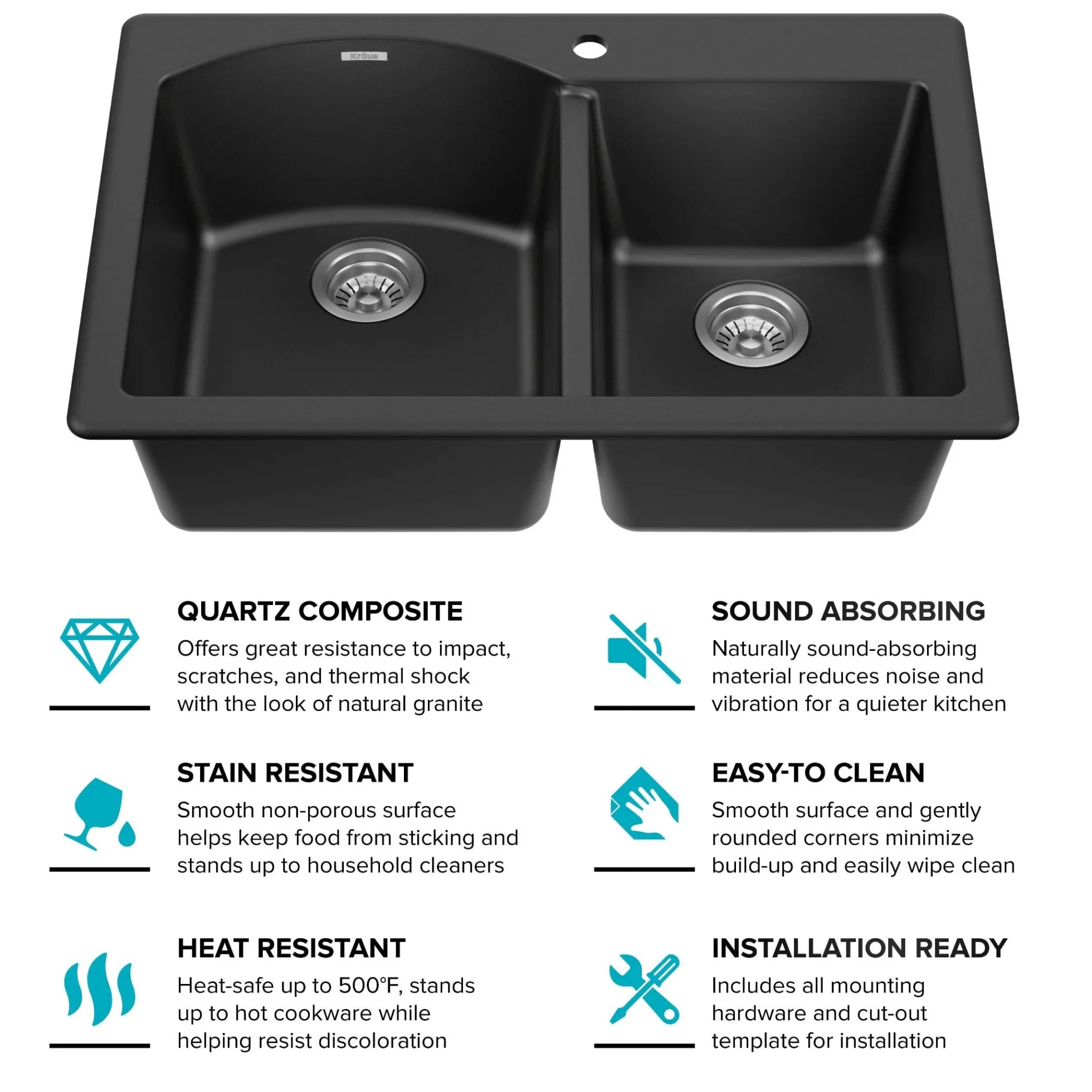 33” Drop In / Undermount 60/40 Double Bowl Granite Kitchen Sink in Black