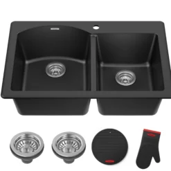 33” Drop In / Undermount 60/40 Double Bowl Granite Kitchen Sink in Black