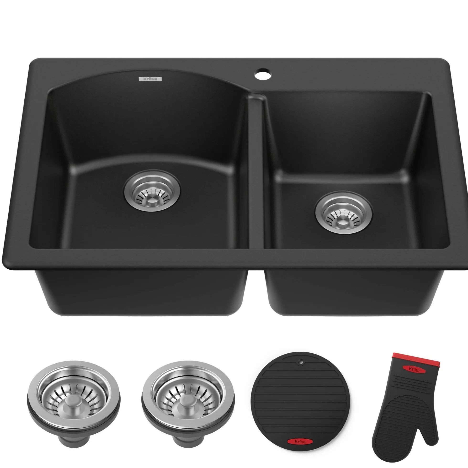 33” Drop In / Undermount 60/40 Double Bowl Granite Kitchen Sink in Black
