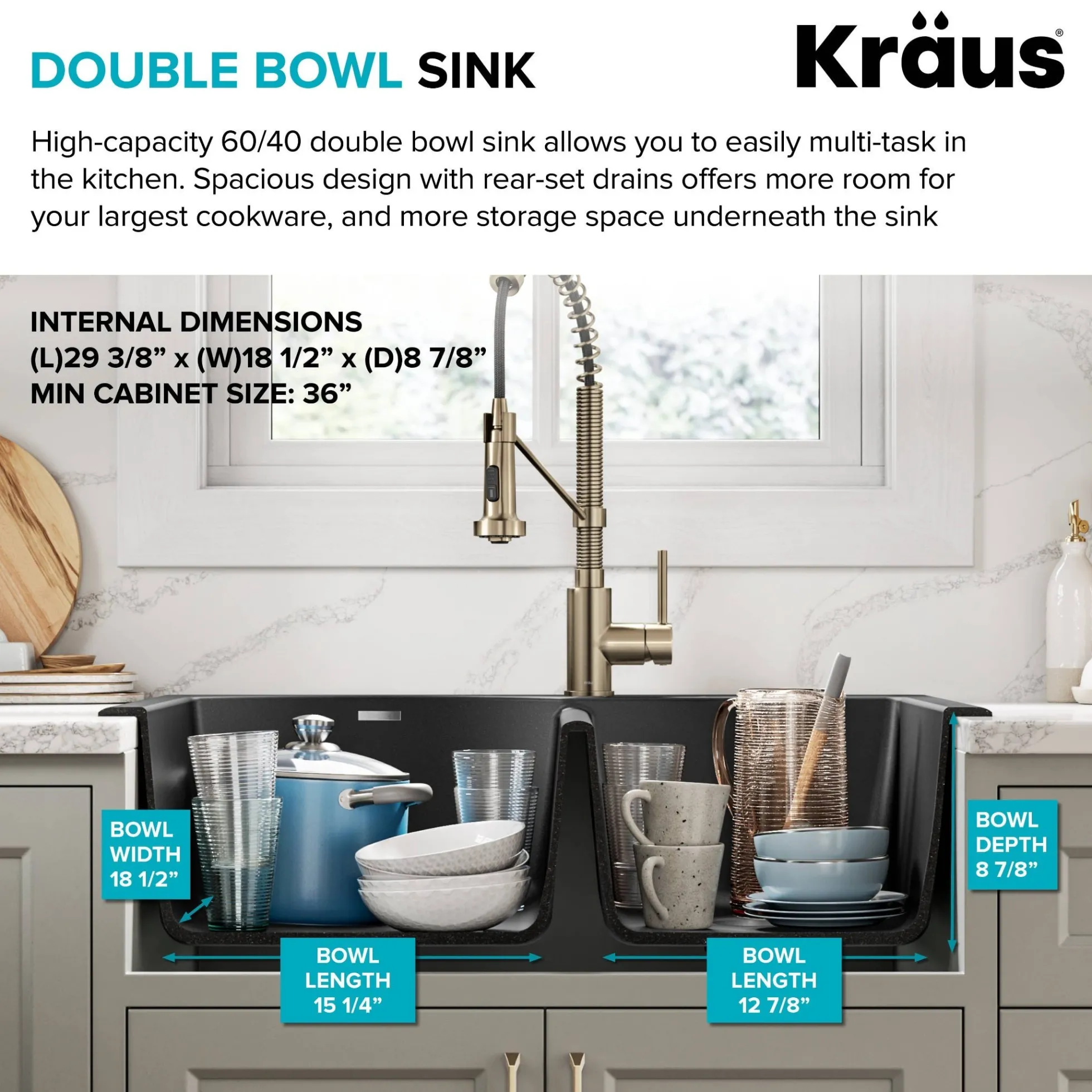 33” Drop In / Undermount 60/40 Double Bowl Granite Kitchen Sink in Black