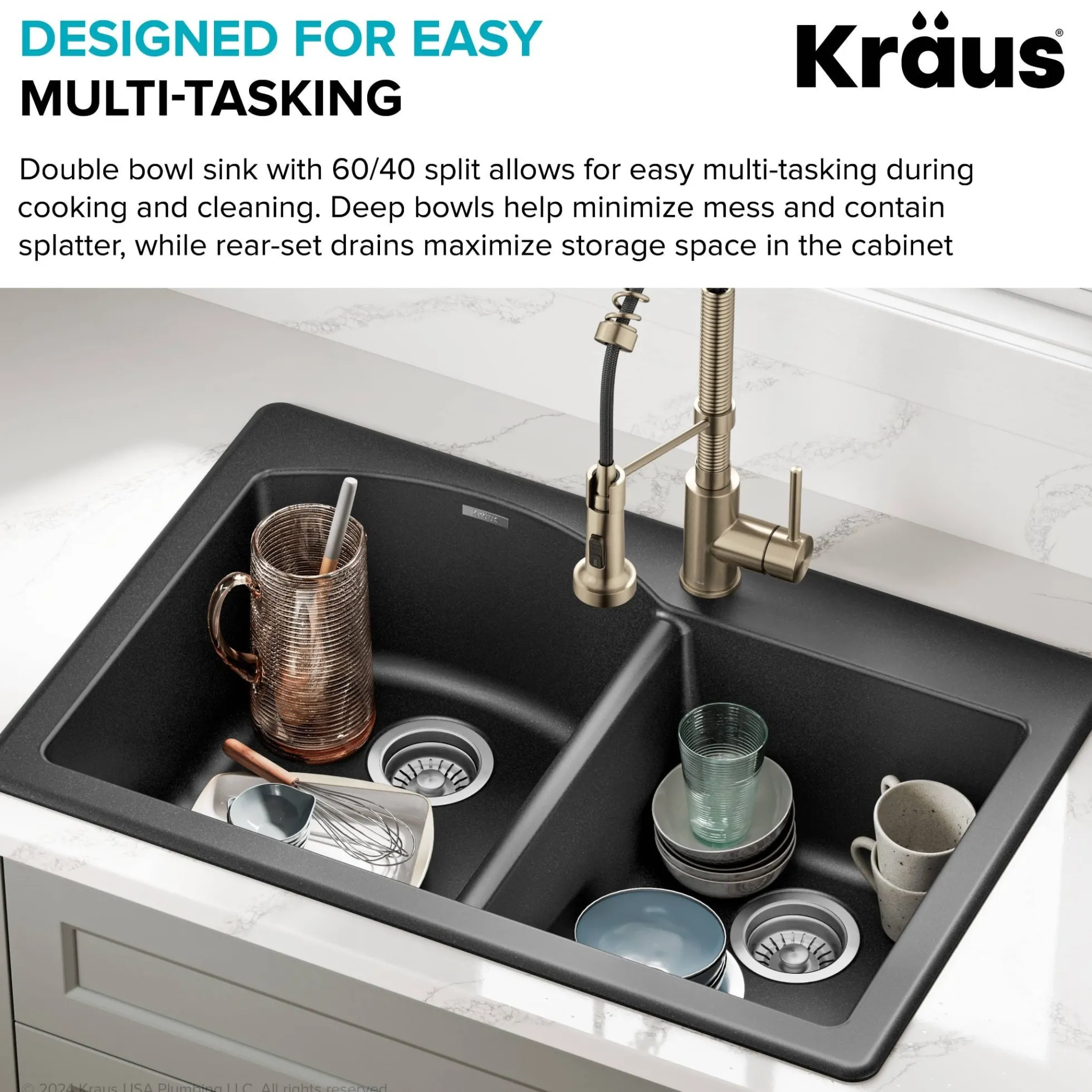 33” Drop In / Undermount 60/40 Double Bowl Granite Kitchen Sink in Black