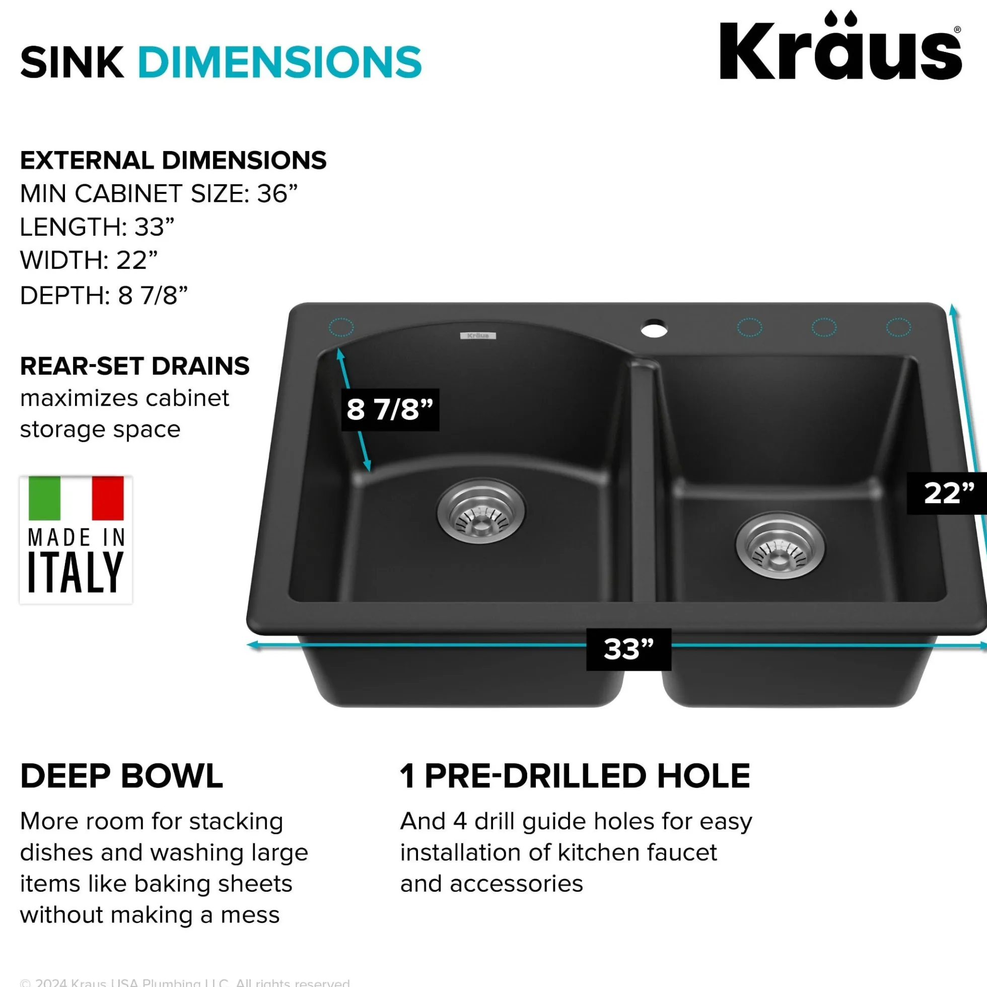 33” Drop In / Undermount 60/40 Double Bowl Granite Kitchen Sink in Black