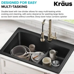 33” Drop-In / Undermount 60/40 Double Bowl Granite Kitchen Sink in Black