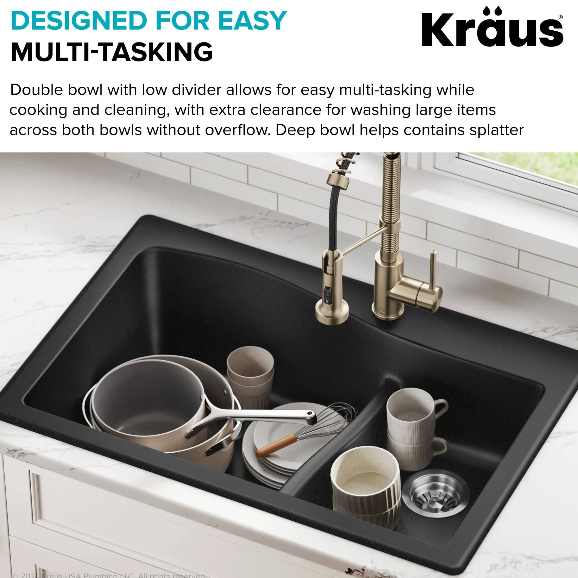 33” Drop-In / Undermount 60/40 Double Bowl Granite Kitchen Sink in Black