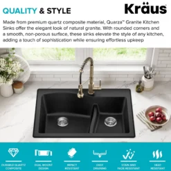 33” Drop-In / Undermount 60/40 Double Bowl Granite Kitchen Sink in Black