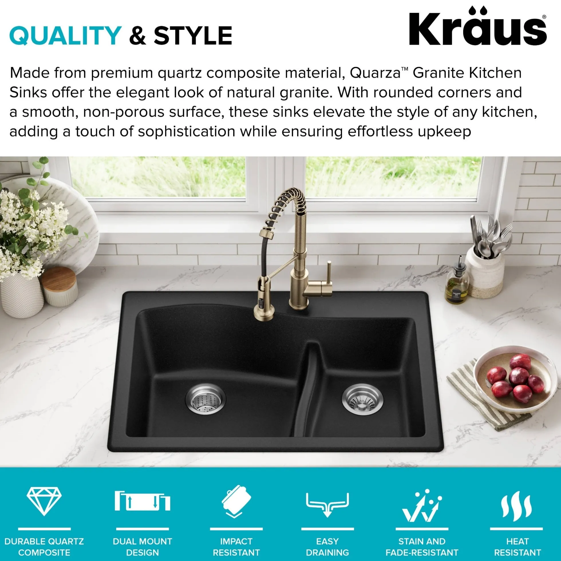 33” Drop-In / Undermount 60/40 Double Bowl Granite Kitchen Sink in Black
