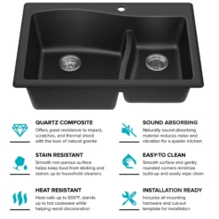 33” Drop-In / Undermount 60/40 Double Bowl Granite Kitchen Sink in Black