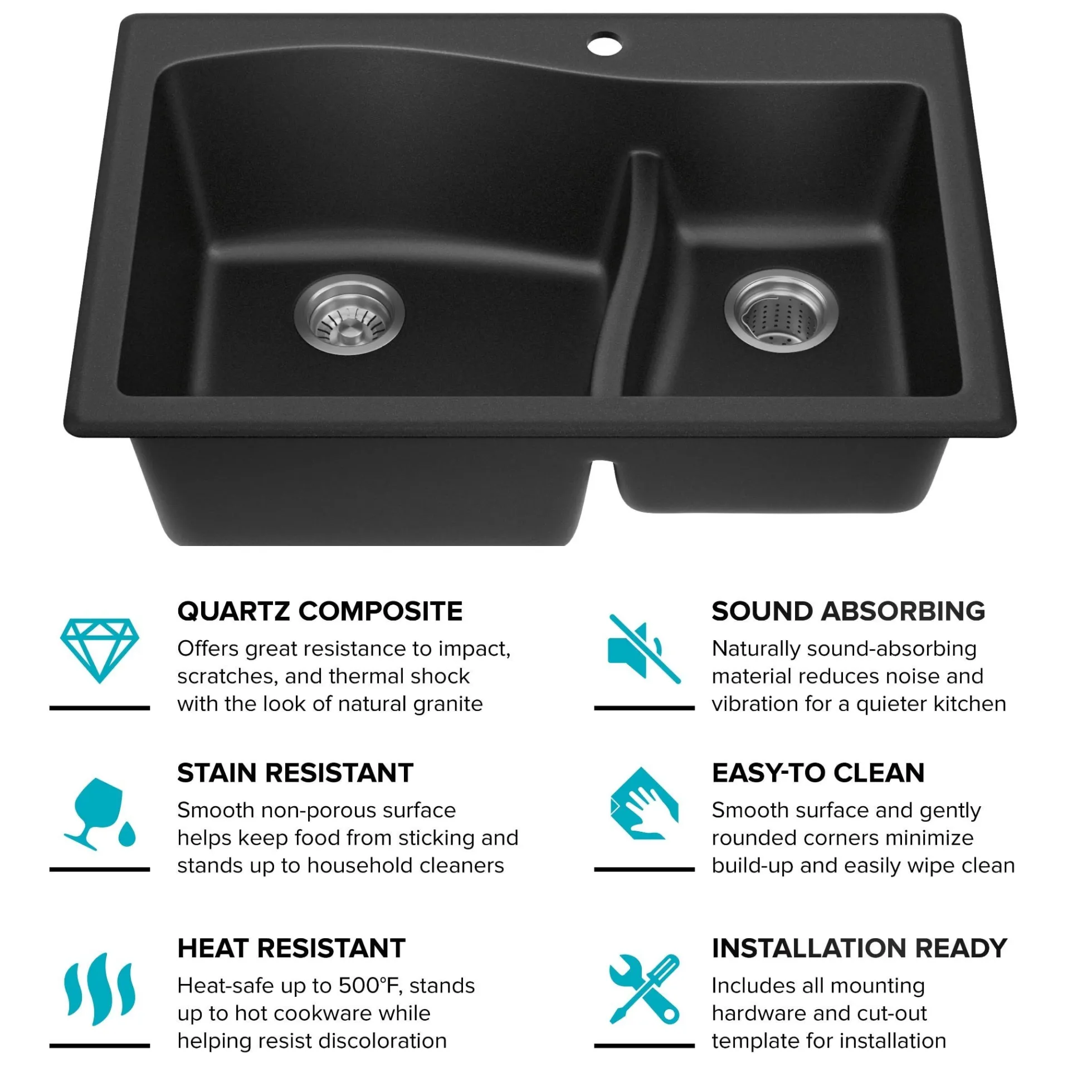 33” Drop-In / Undermount 60/40 Double Bowl Granite Kitchen Sink in Black