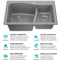 33” Drop-In / Undermount 60/40 Double Bowl Granite Kitchen Sink in Grey