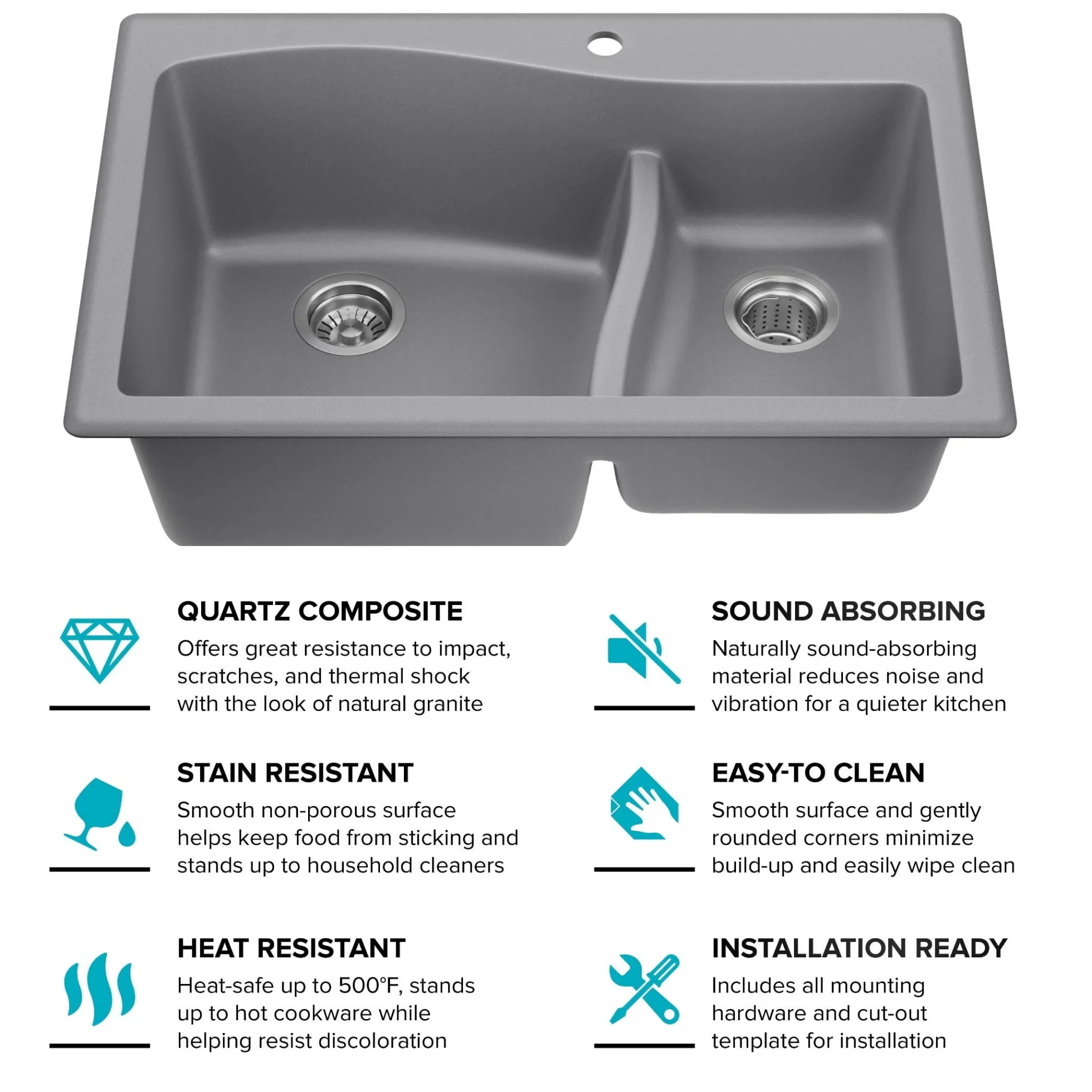 33” Drop-In / Undermount 60/40 Double Bowl Granite Kitchen Sink in Grey