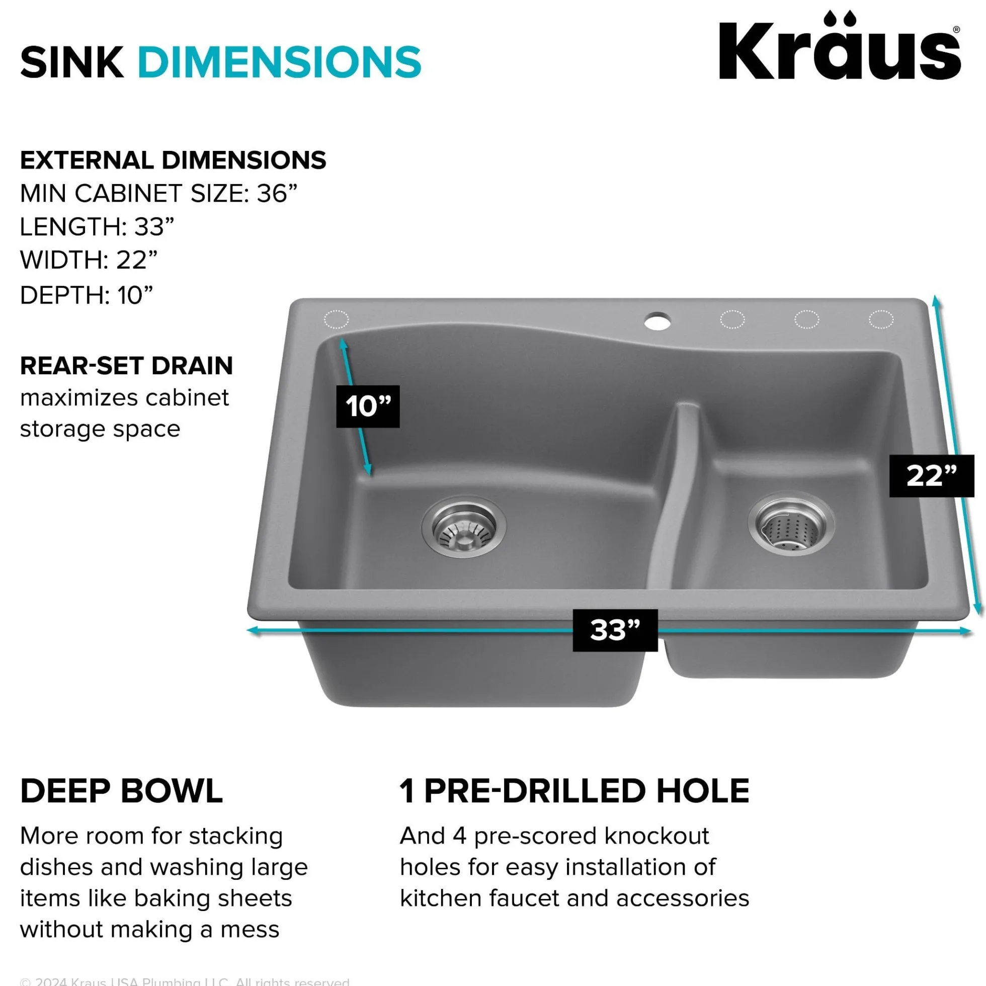 33” Drop-In / Undermount 60/40 Double Bowl Granite Kitchen Sink in Grey