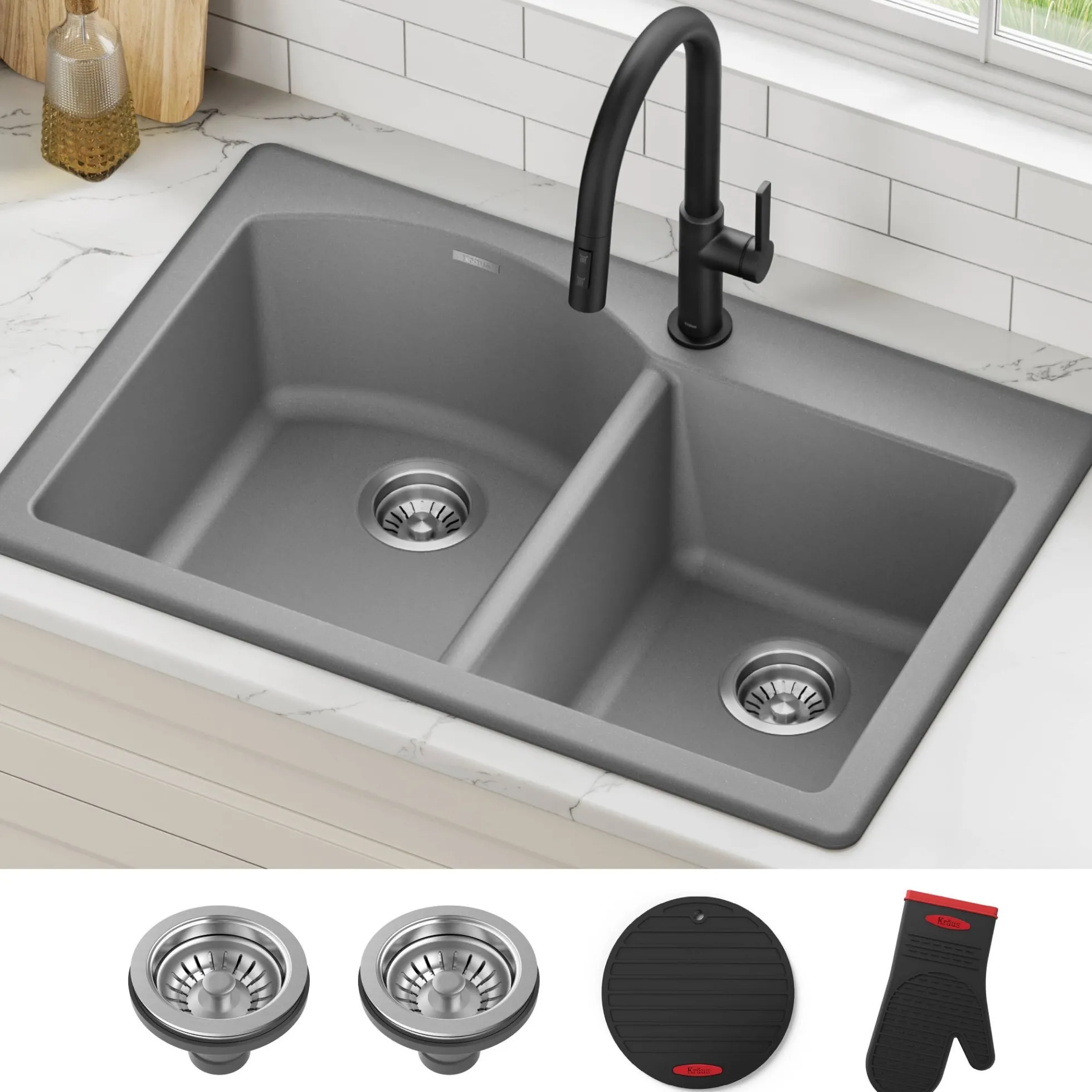 33” Drop In / Undermount 60/40 Double Bowl Granite Kitchen Sink in Grey