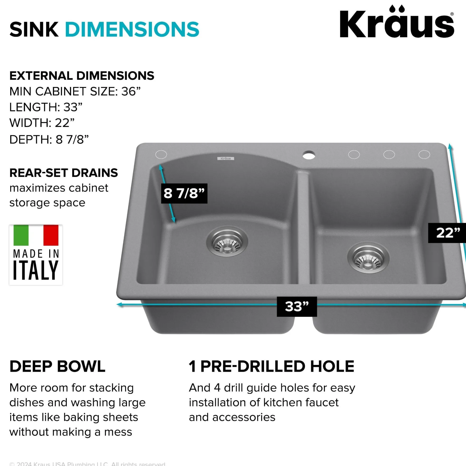 33” Drop In / Undermount 60/40 Double Bowl Granite Kitchen Sink in Grey