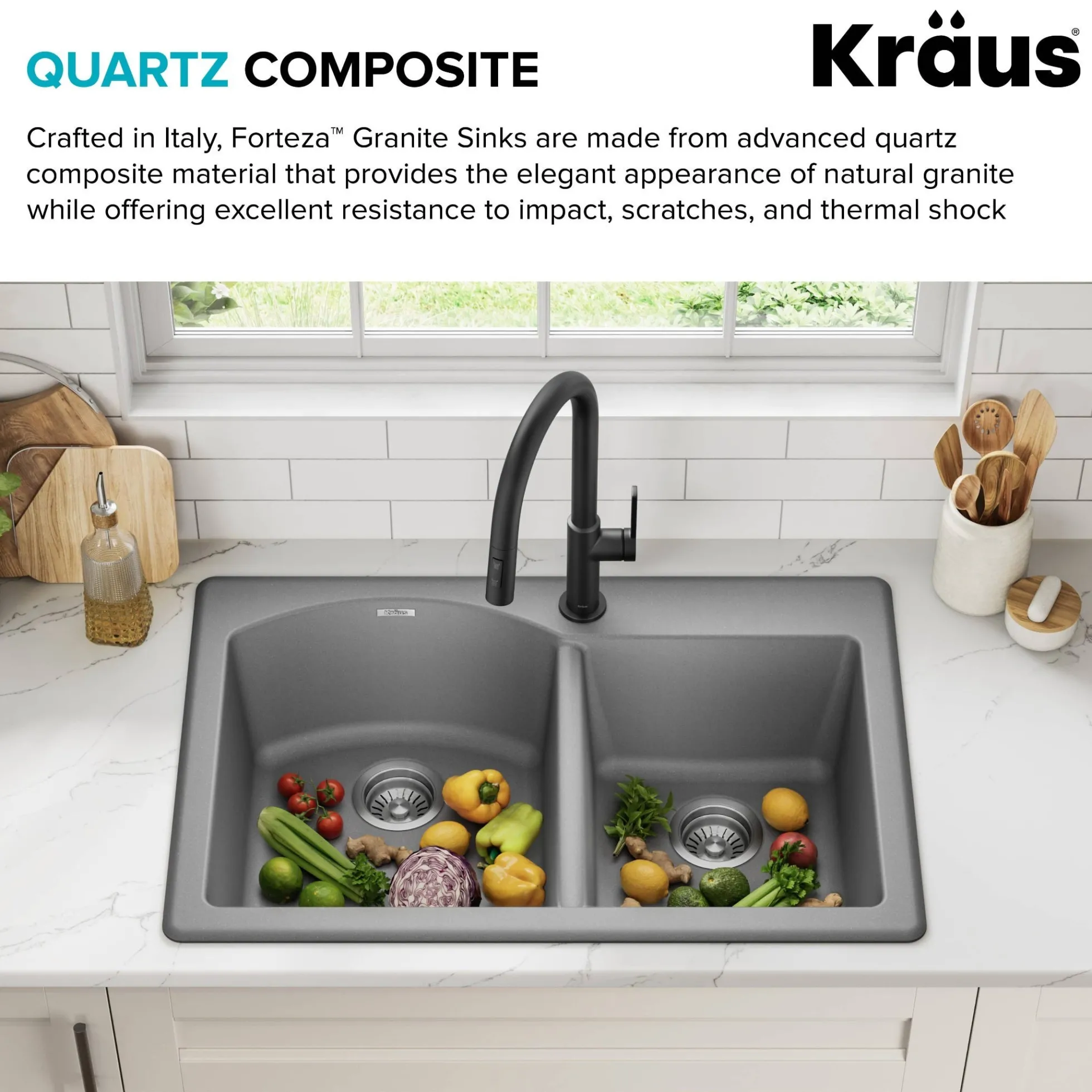 33” Drop In / Undermount 60/40 Double Bowl Granite Kitchen Sink in Grey
